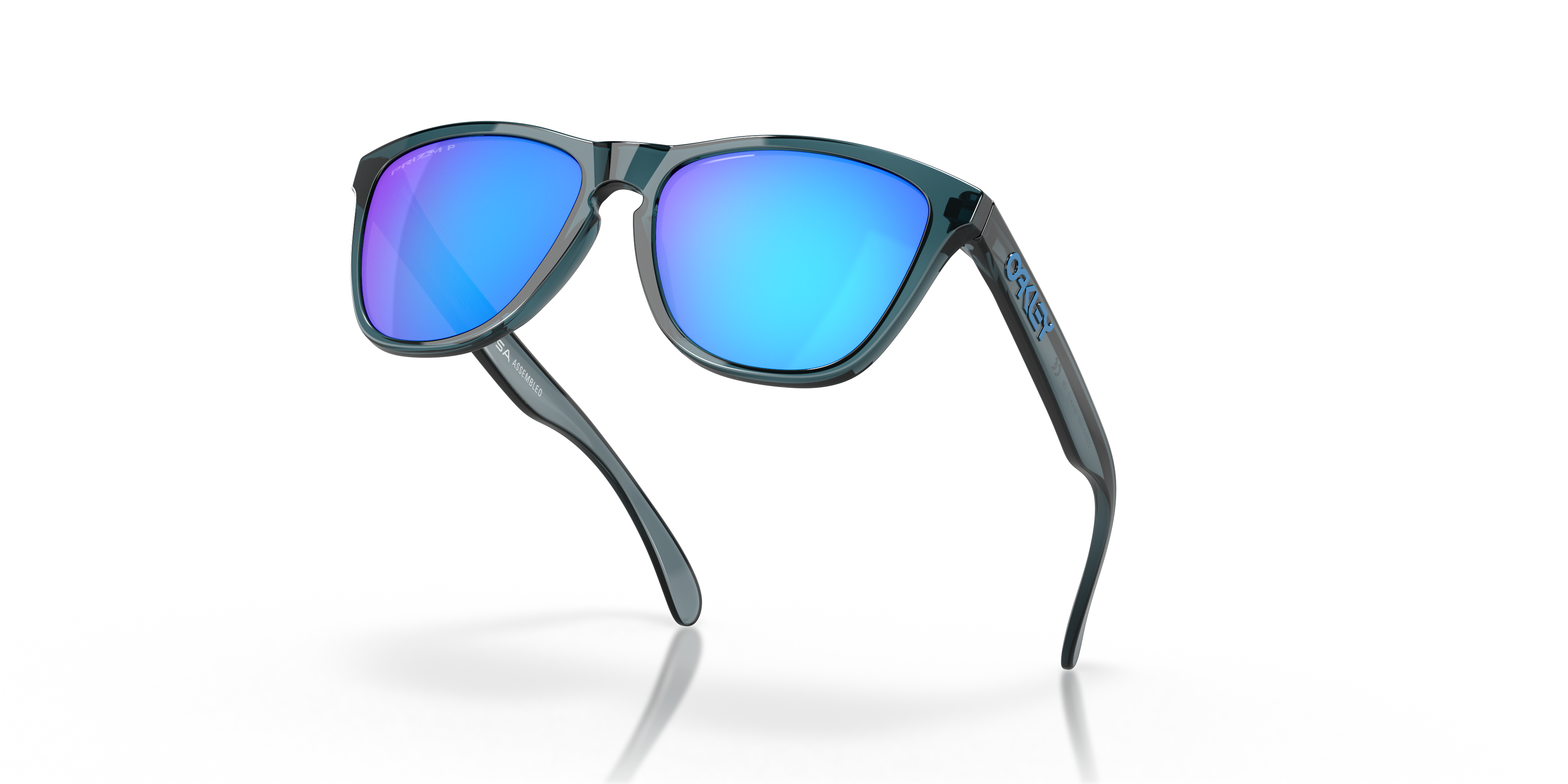 Oakley Frogskins OO9013 in Crystal Black / Prizm Sapphire Polarized, angled view #Colour_Crystal Black / Prizm Sapphire Polarized