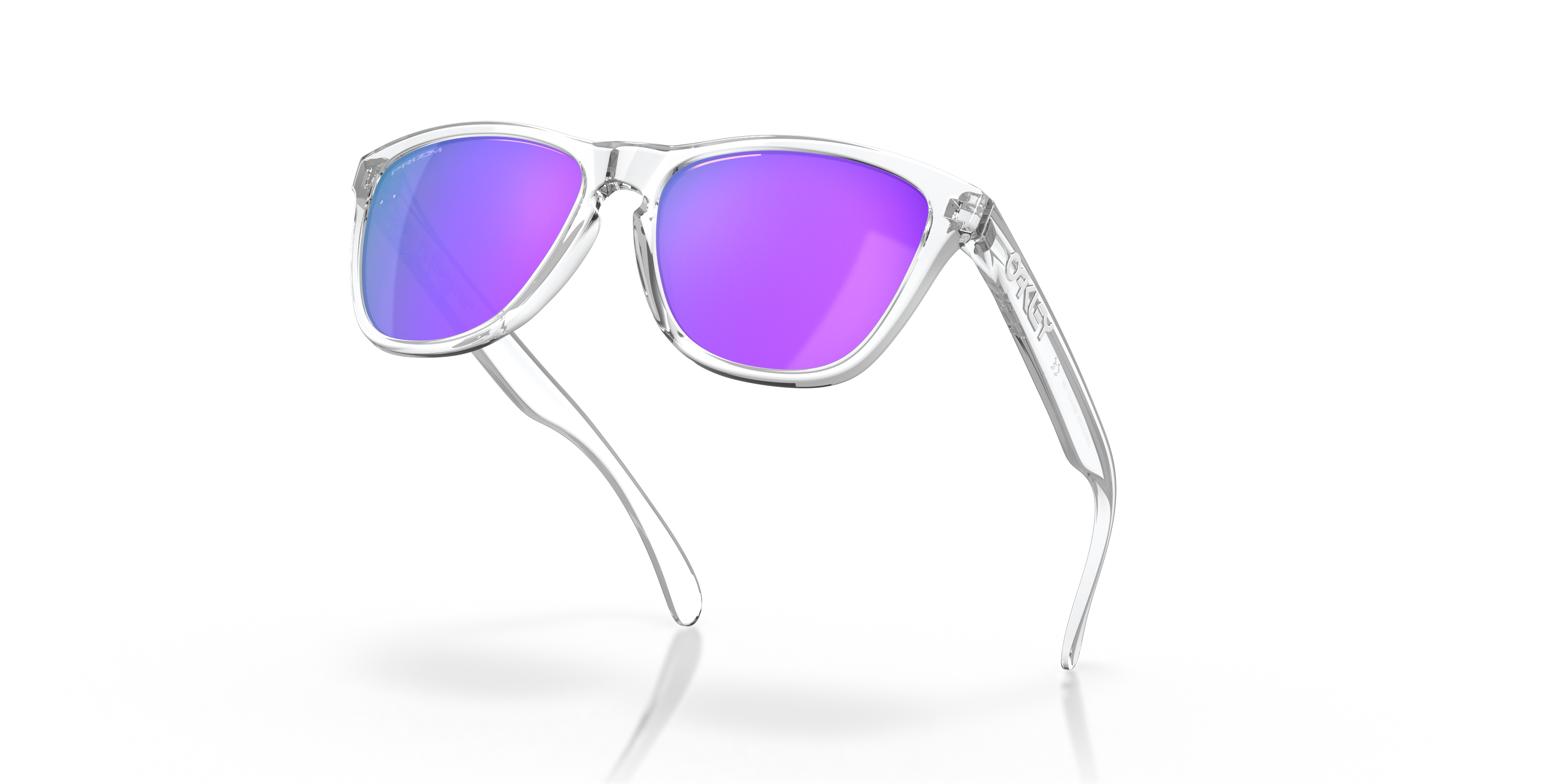 Oakley Frogskins OO9013 in Polished Clear / Prizm Violet, angled view #Colour_Polished Clear / Prizm Violet