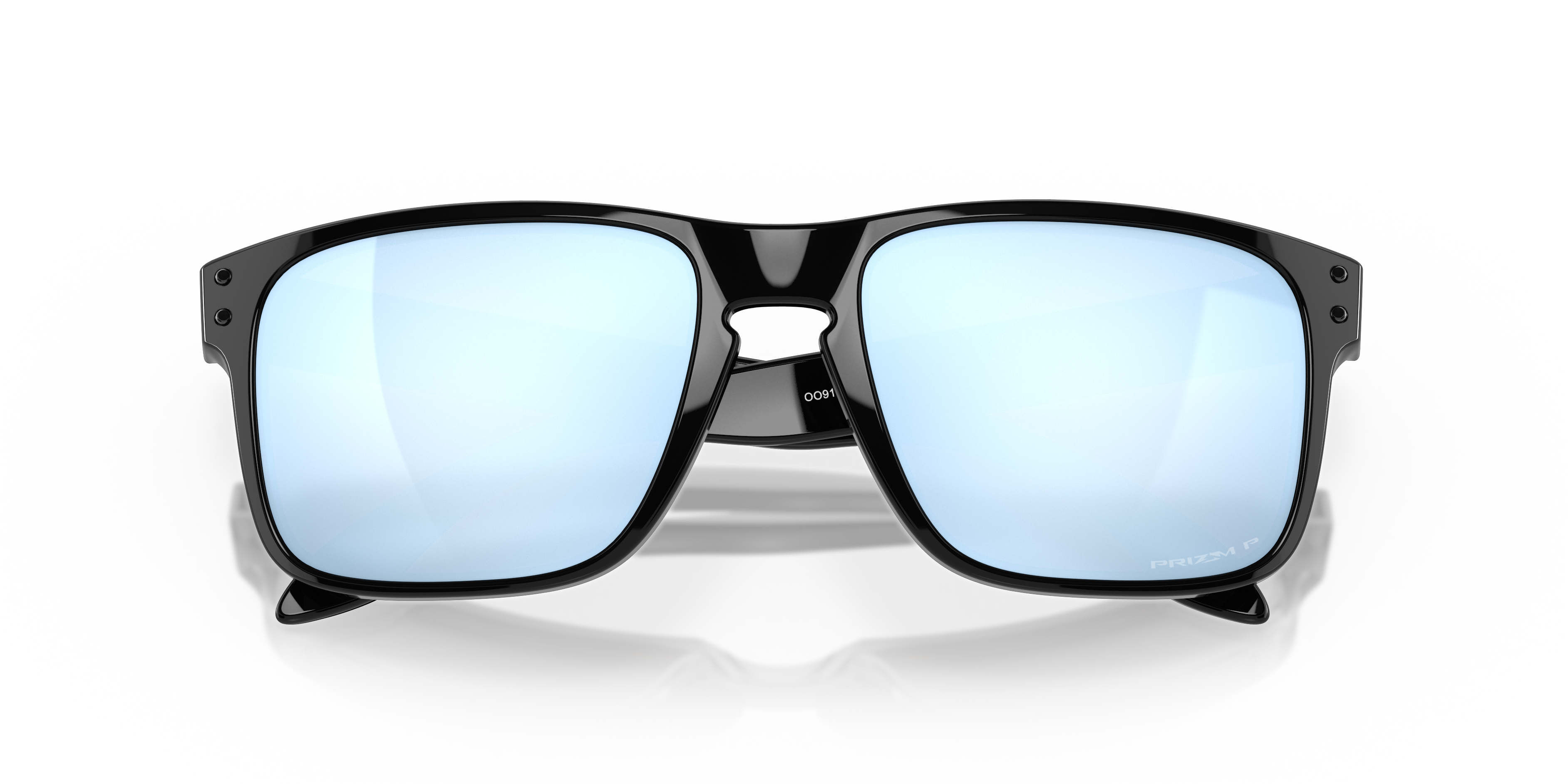 Oakley Holbrook OO9102 in Polished Black / Prizm Deep Water Polarized, front detail view #Colour_Polished Black / Prizm Deep Water Polarized