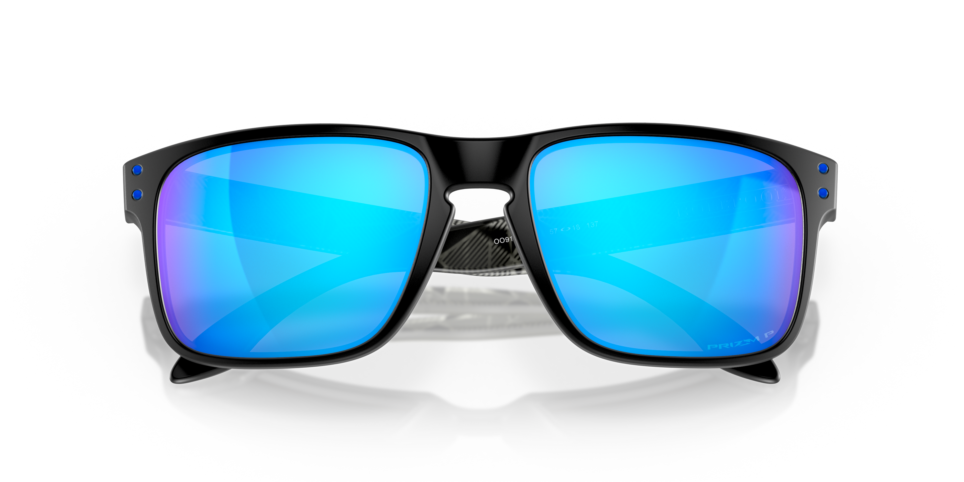 Oakley Holbrook OO9102 in Matte Black Prizmatic / Prizm Sapphire Polarized, front detail view #Colour_Matte Black Prizmatic / Prizm Sapphire Polarized