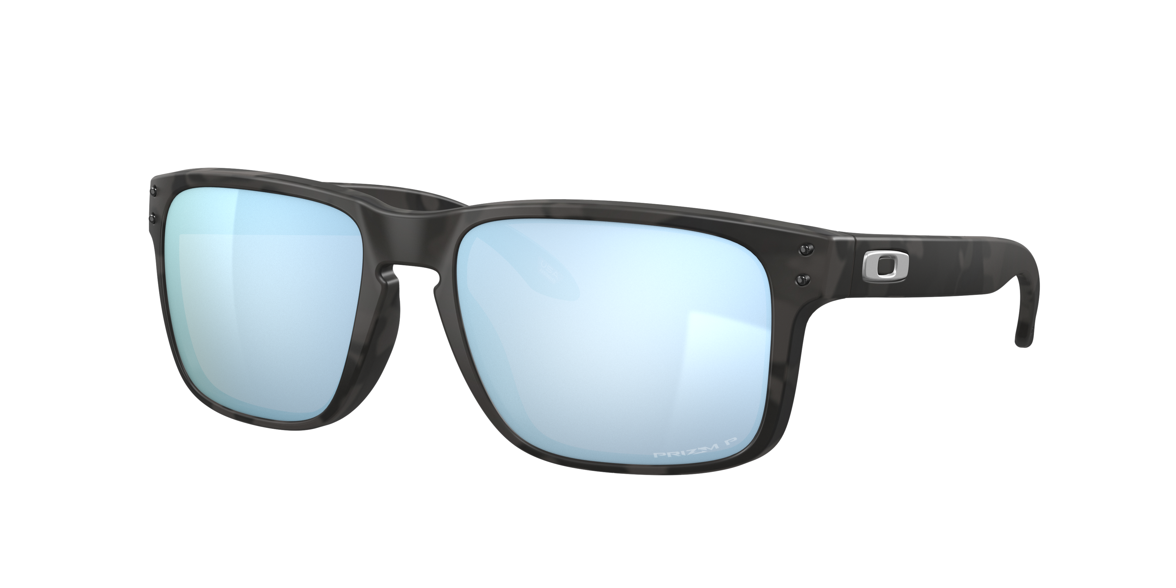 Oakley Holbrook OO9102 in Matte Black Camo / Prizm Deep Water Polarized, three-quarter view #Colour_Matte Black Camo / Prizm Deep Water Polarized