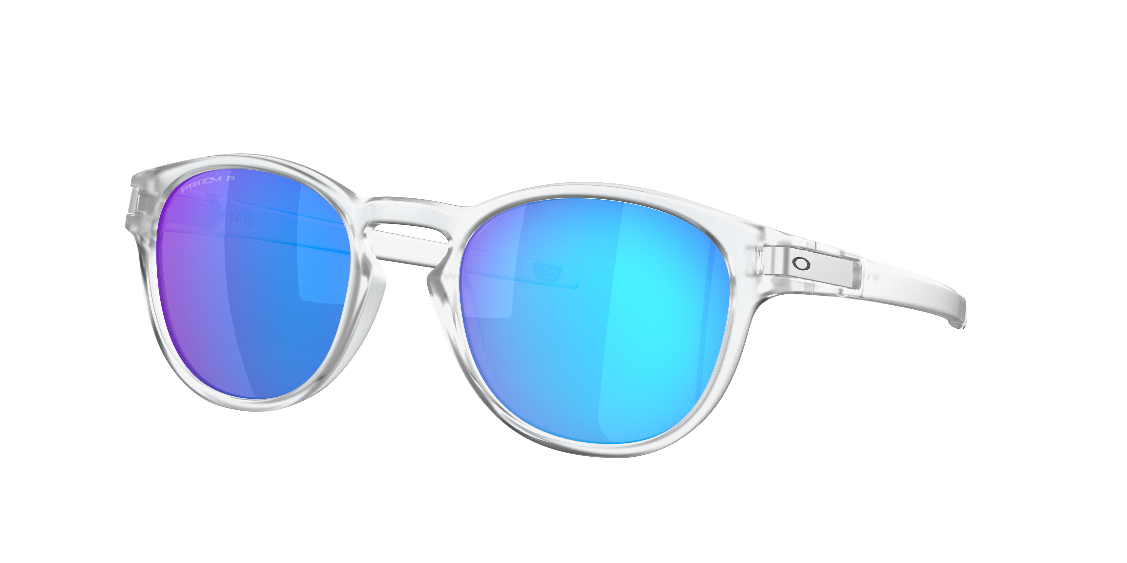 Oakley Latch OO9265 in Matte Clear / Prizm Sapphire Polarized, three-quarter view #Colour_Matte Clear / Prizm Sapphire Polarized