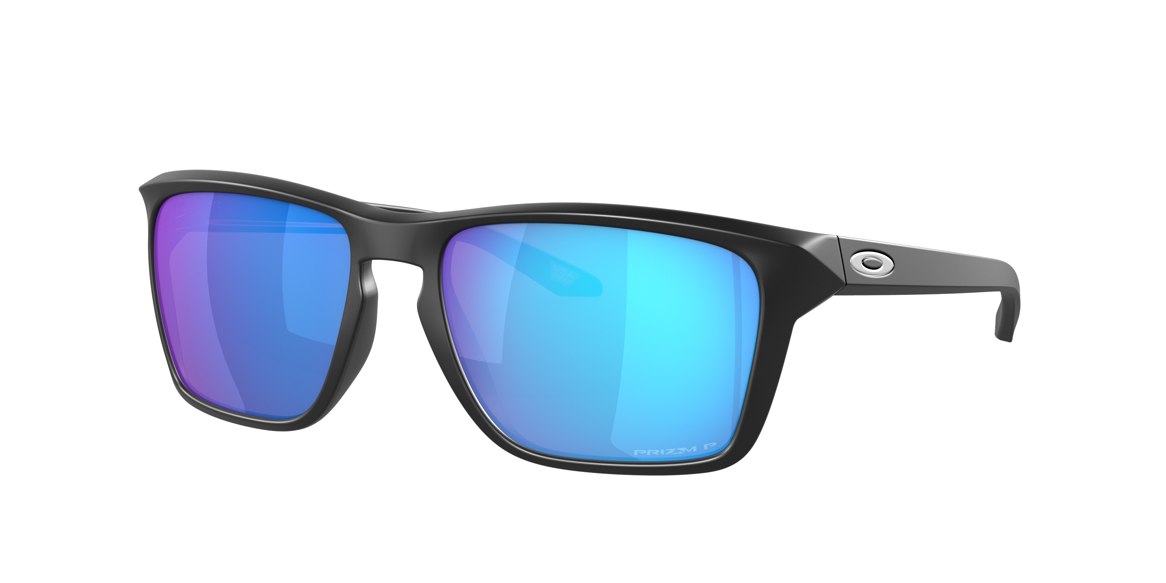 Oakley Sylas OO9448 in Matte Black / Prizm Sapphire Polarized, three-quarter view #Colour_Matte Black / Prizm Sapphire Polarized