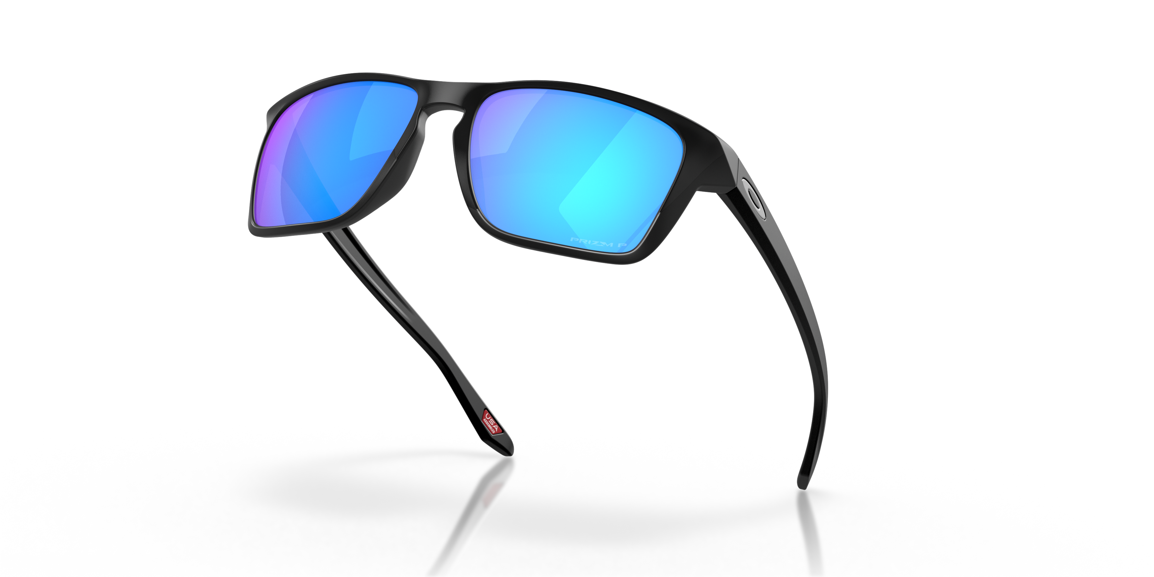 Oakley Sylas OO9448 in Matte Black / Prizm Sapphire Polarized, angled view #Colour_Matte Black / Prizm Sapphire Polarized
