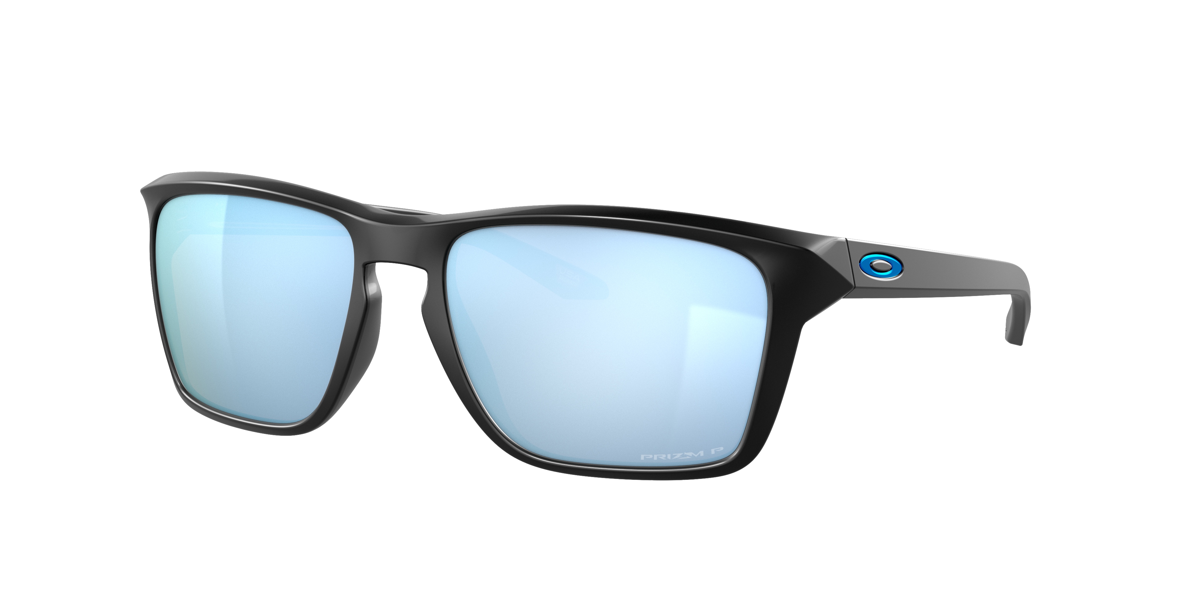 Oakley Sylas OO9448 in Matte Black / Prizm Deep Water Polarized, three-quarter view #Colour_Matte Black / Prizm Deep Water Polarized