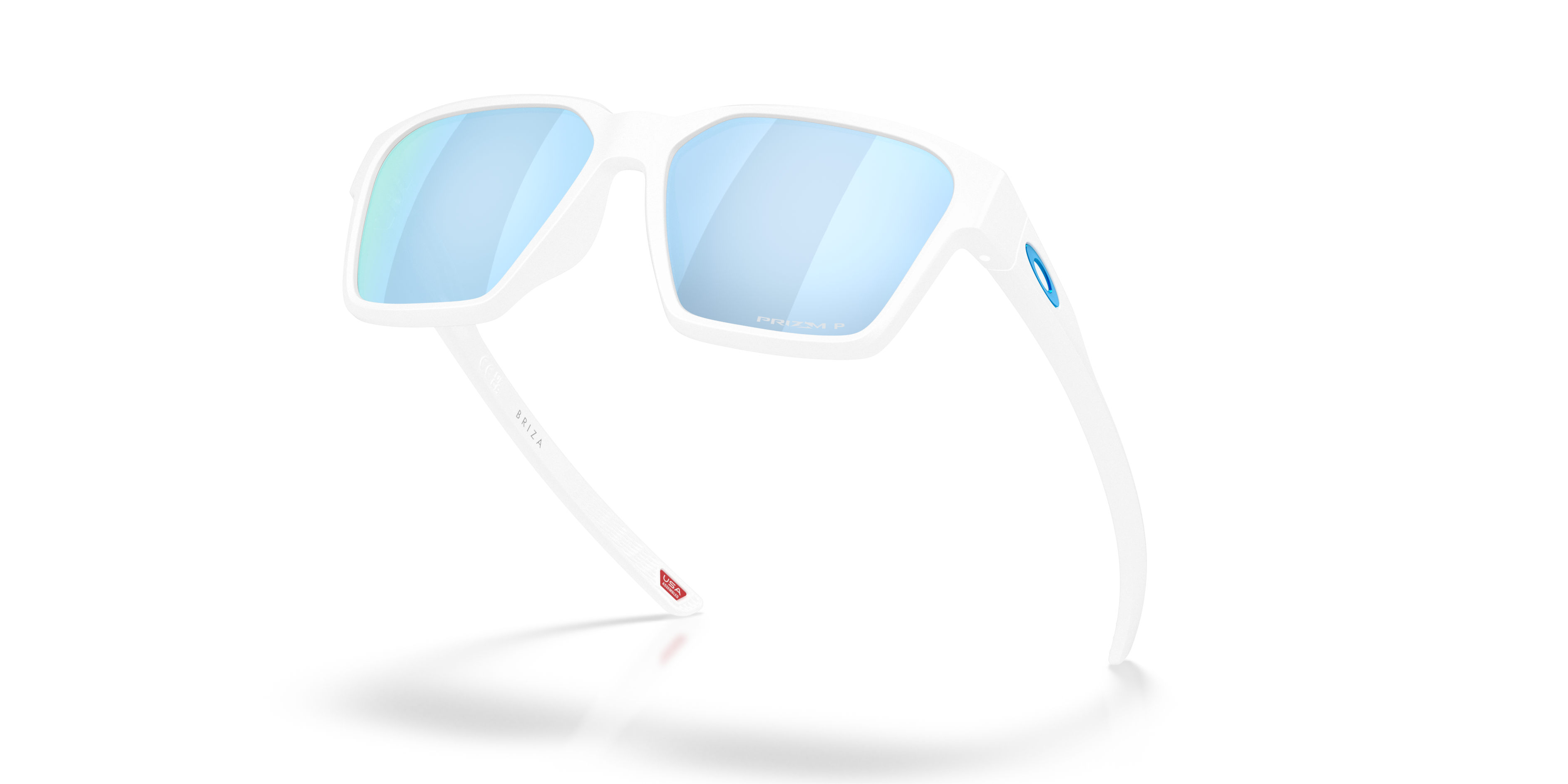 Oakley Briza OO9497 in Matte White / Prizm Deep Water Polarized, angled view #Colour_Matte White / Prizm Deep Water Polarized