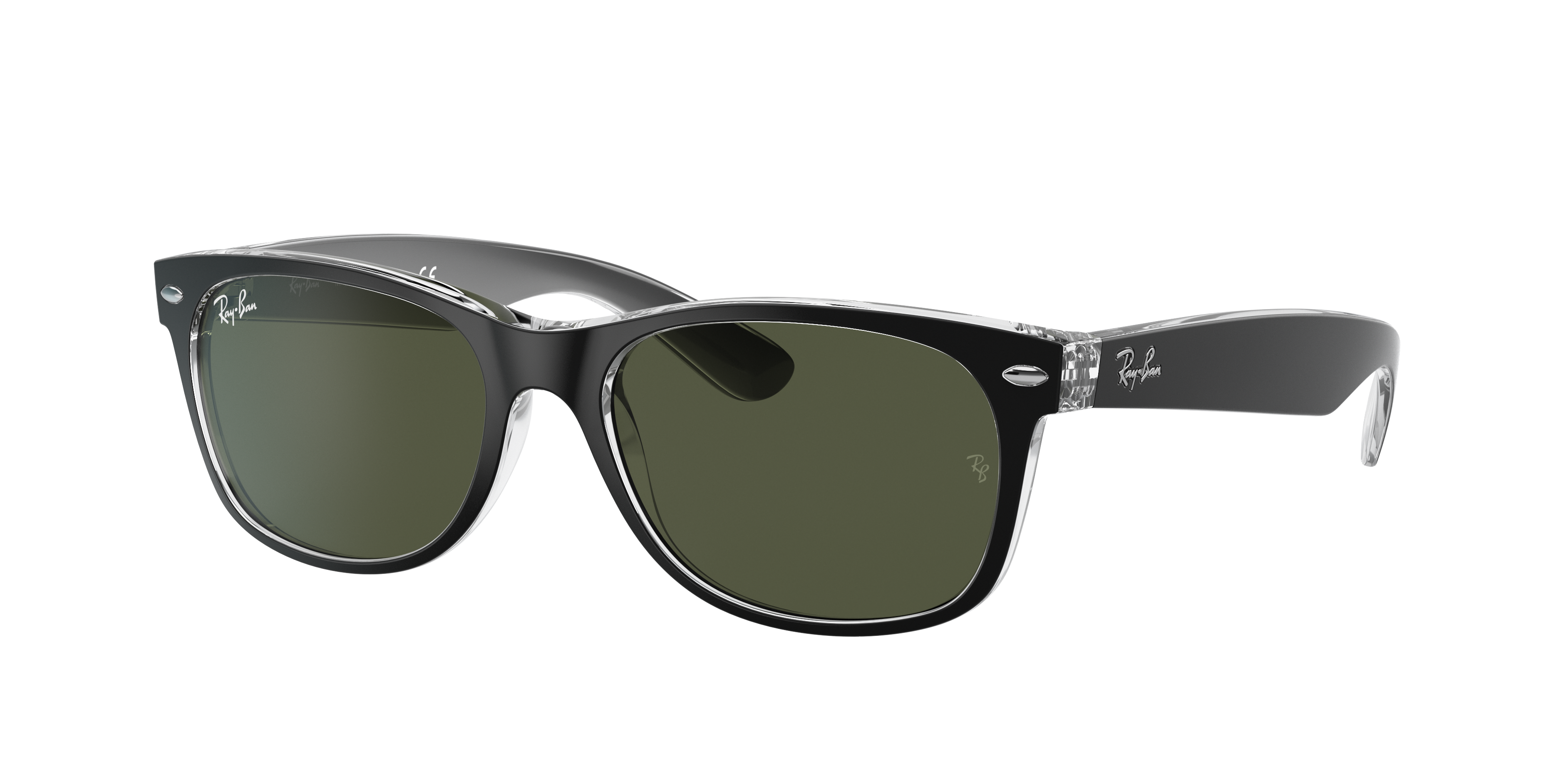 Ray-Ban New Wayfarer RB2132 in Black On Transparent (6052), three-quarter view #Colour_Black On Transparent (6052)