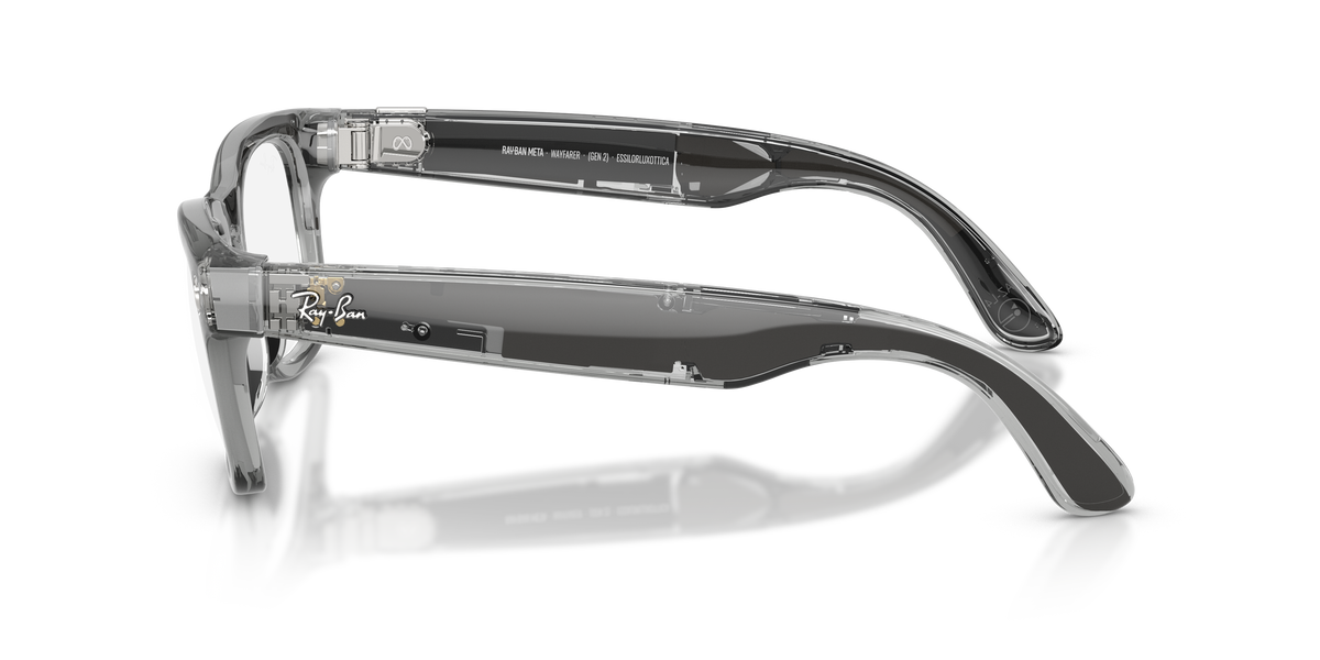 Ray-Ban Meta Wayfarer RW4012 in Transparent Grey / Transitions Sapphire, side view #Colour_Transparent Grey / Transitions Sapphire (6840MF)