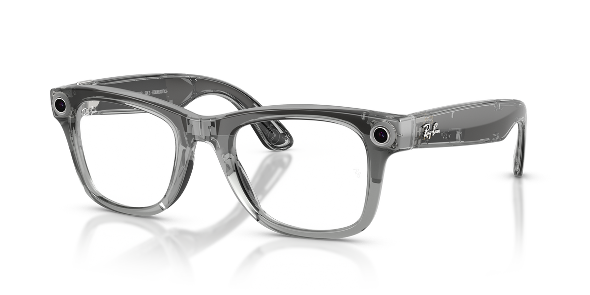 Ray-Ban Meta Wayfarer RW4012 in Transparent Grey / Transitions Sapphire, three-quarter view #Colour_Transparent Grey / Transitions Sapphire (6840MF)
