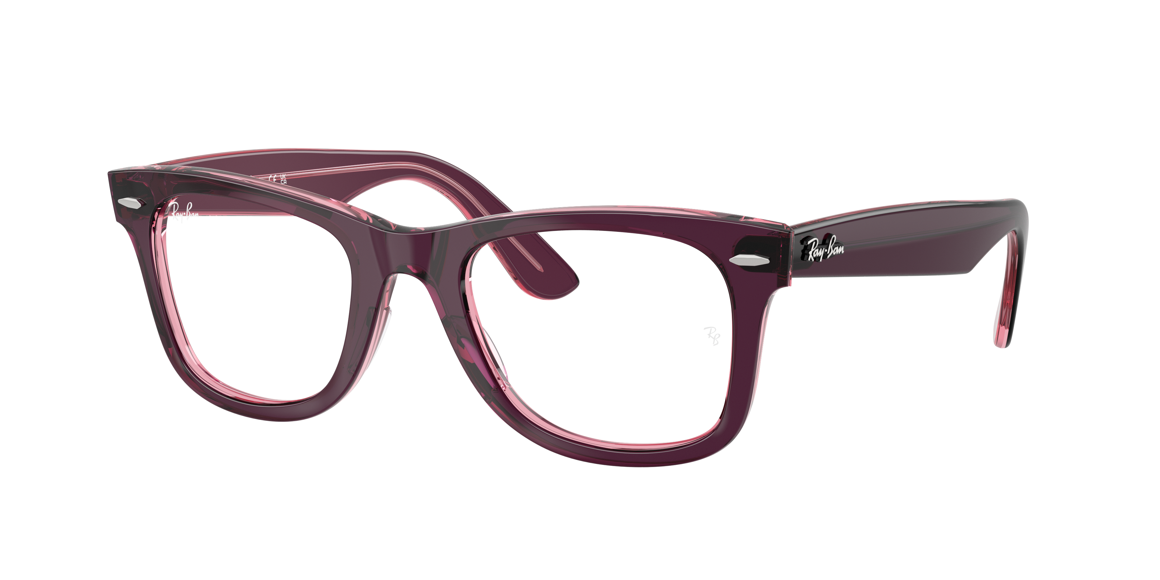 Ray-Ban Wayfarer Ease RX4340V in Violet On Transparent Pink, three-quarter view #Colour_Violet On Transparent Pink