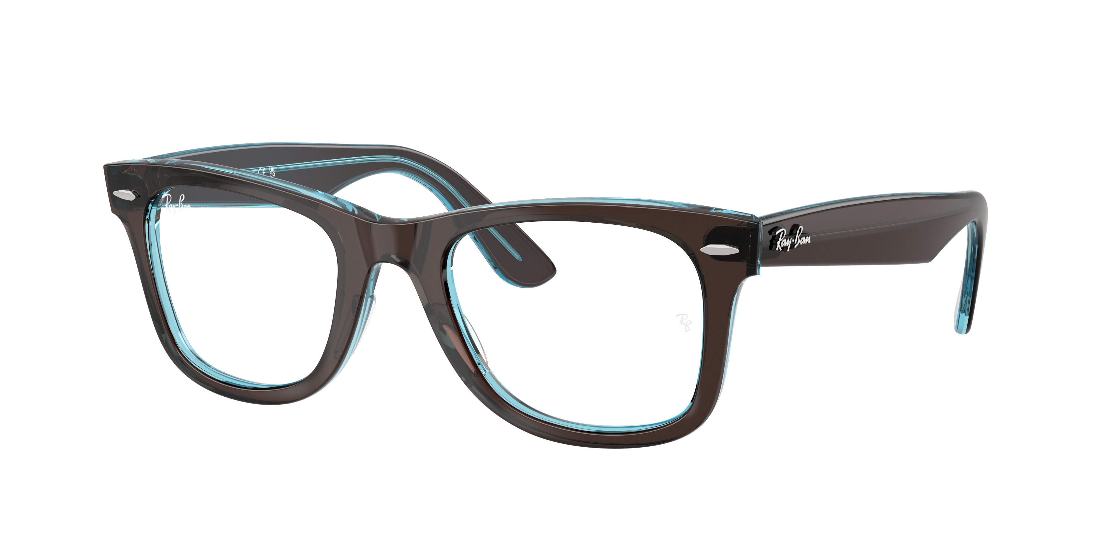 Ray-Ban Wayfarer Ease RX4340V in Brown On Transparent Blue, three-quarter view #Colour_Brown On Transparent Blue