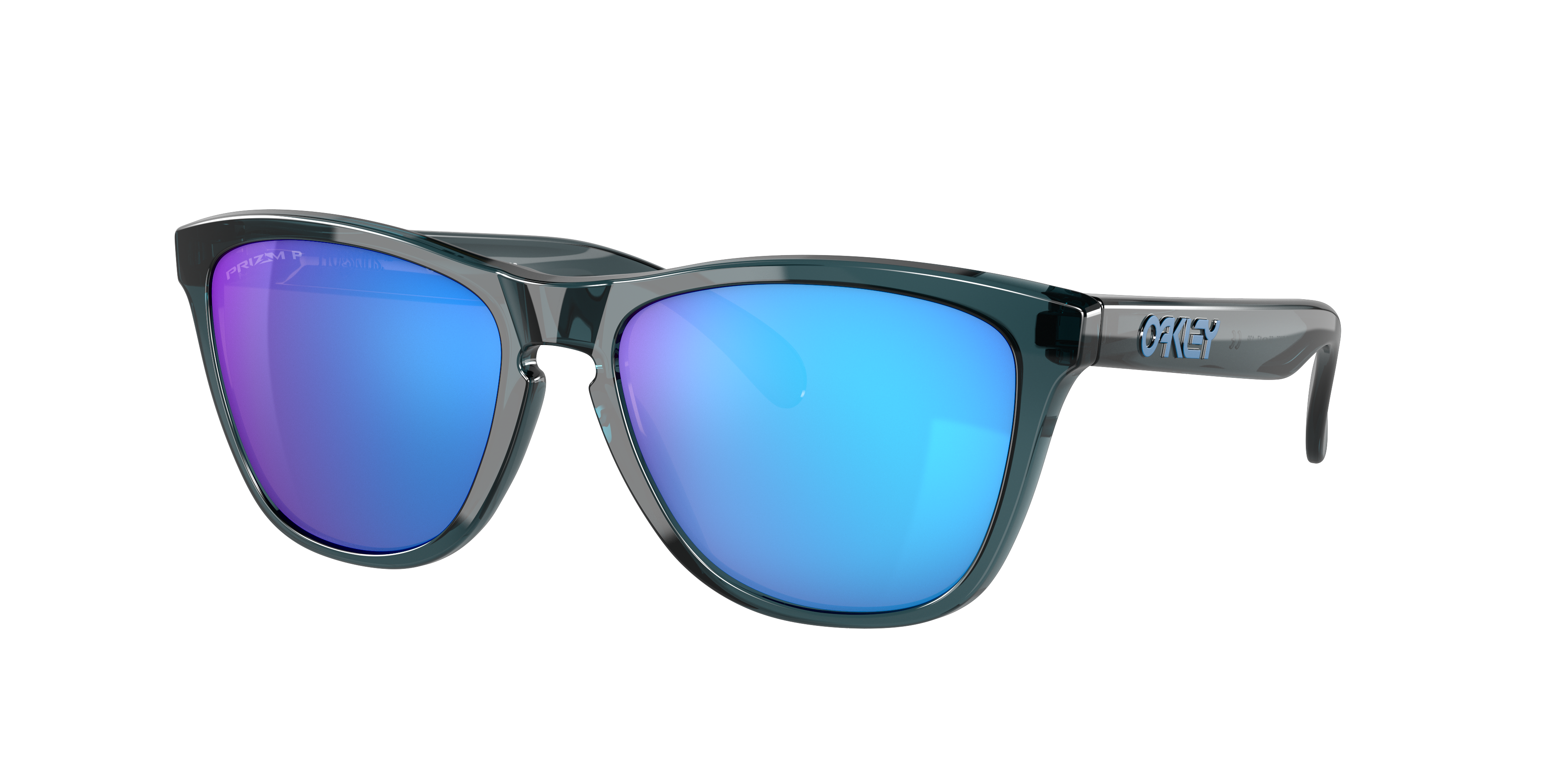 Oakley Frogskins OO9013 in Crystal Black / Prizm Sapphire Polarized, three-quarter view #Colour_Crystal Black / Prizm Sapphire Polarized
