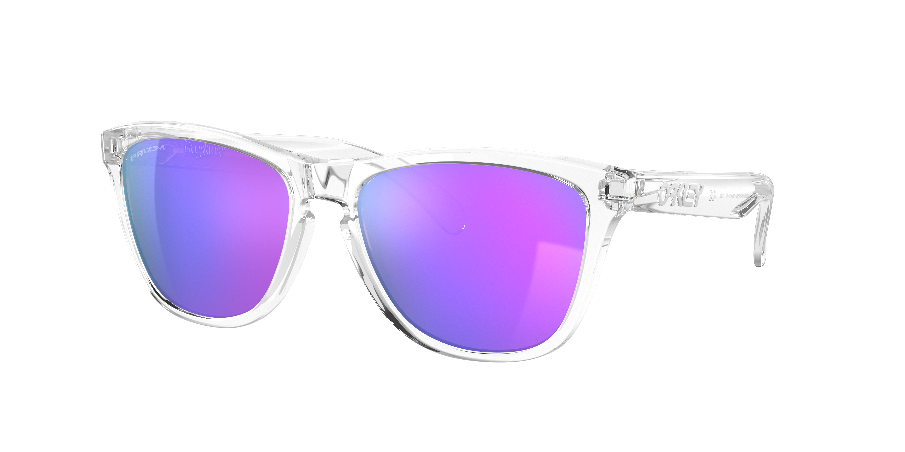 Oakley Frogskins OO9013 in Polished Clear / Prizm Violet, three-quarter view #Colour_Polished Clear / Prizm Violet
