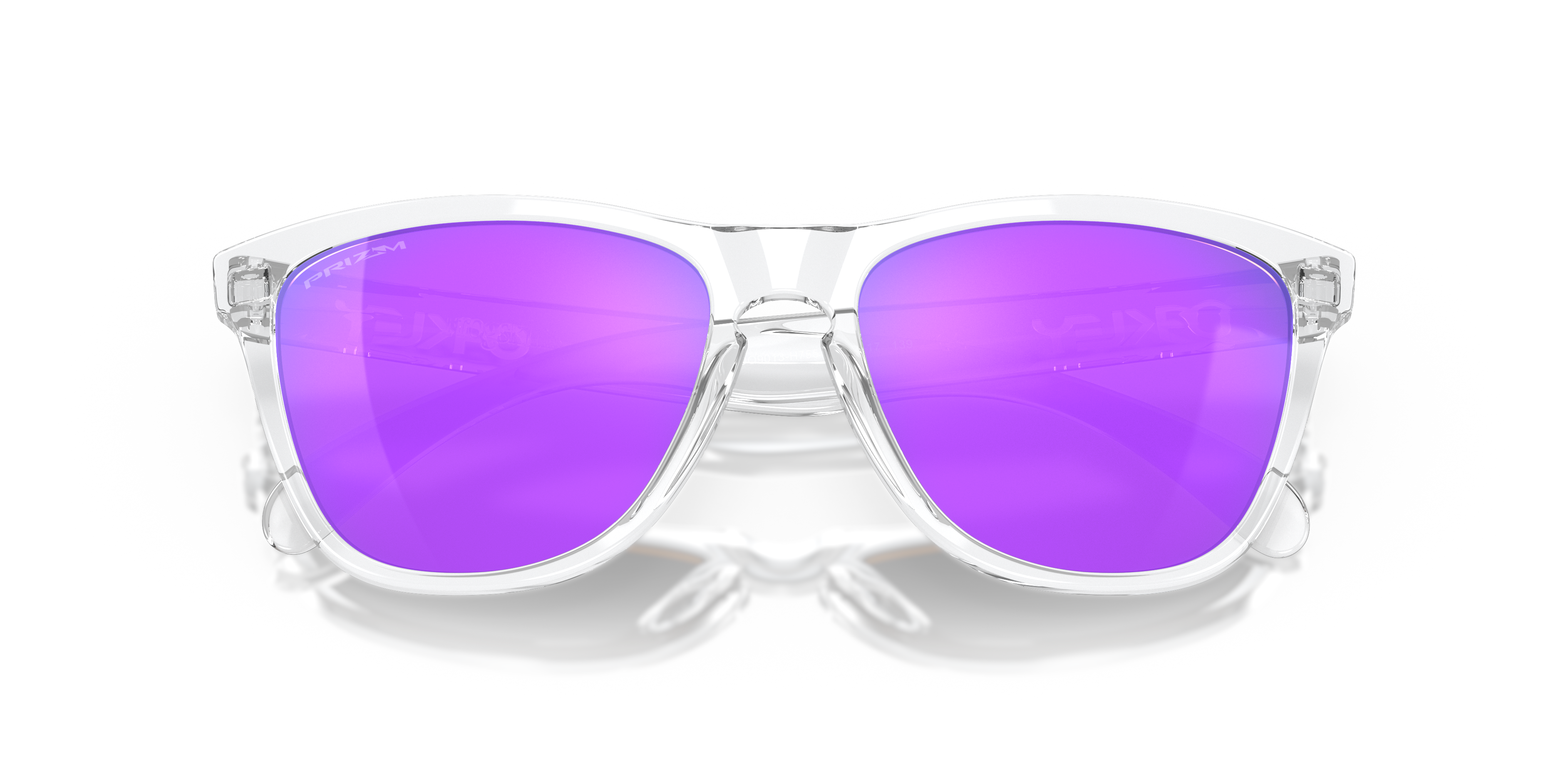 Oakley Frogskins OO9013 in Polished Clear / Prizm Violet, front detail view #Colour_Polished Clear / Prizm Violet