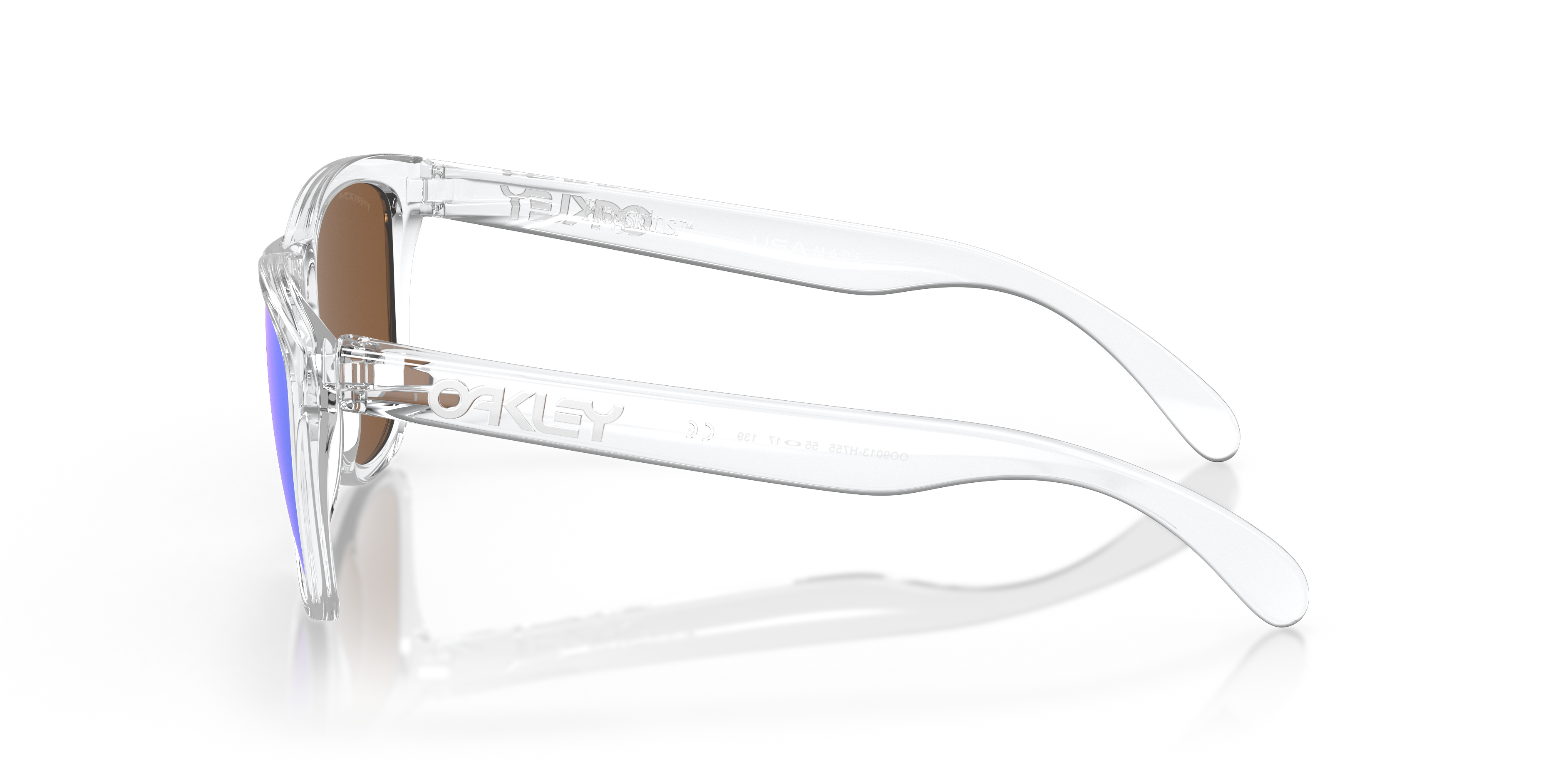 Oakley Frogskins OO9013 in Polished Clear / Prizm Violet, side view #Colour_Polished Clear / Prizm Violet