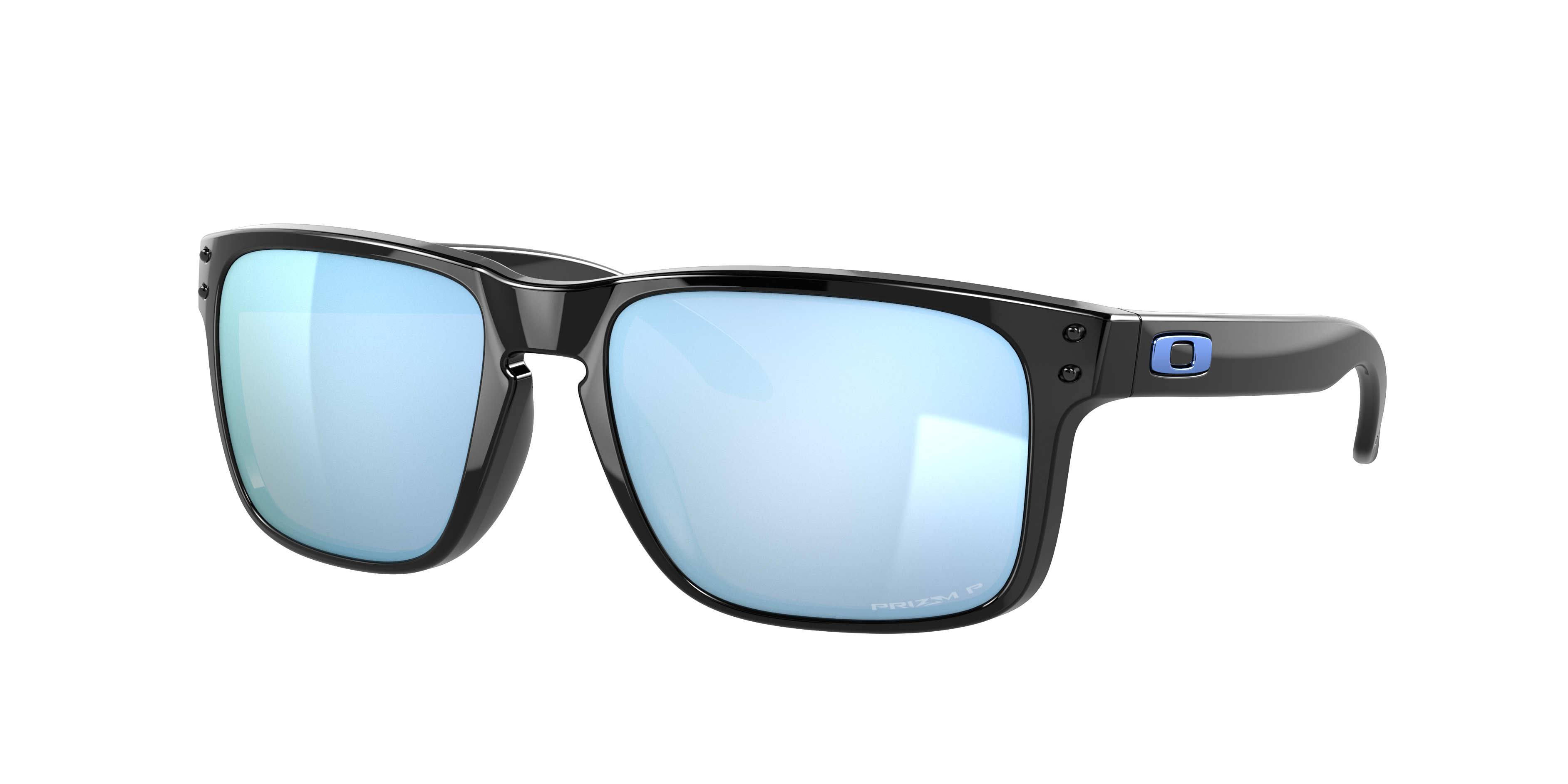 Oakley Holbrook OO9102 in Polished Black / Prizm Deep Water Polarized, three-quarter view #Colour_Polished Black / Prizm Deep Water Polarized