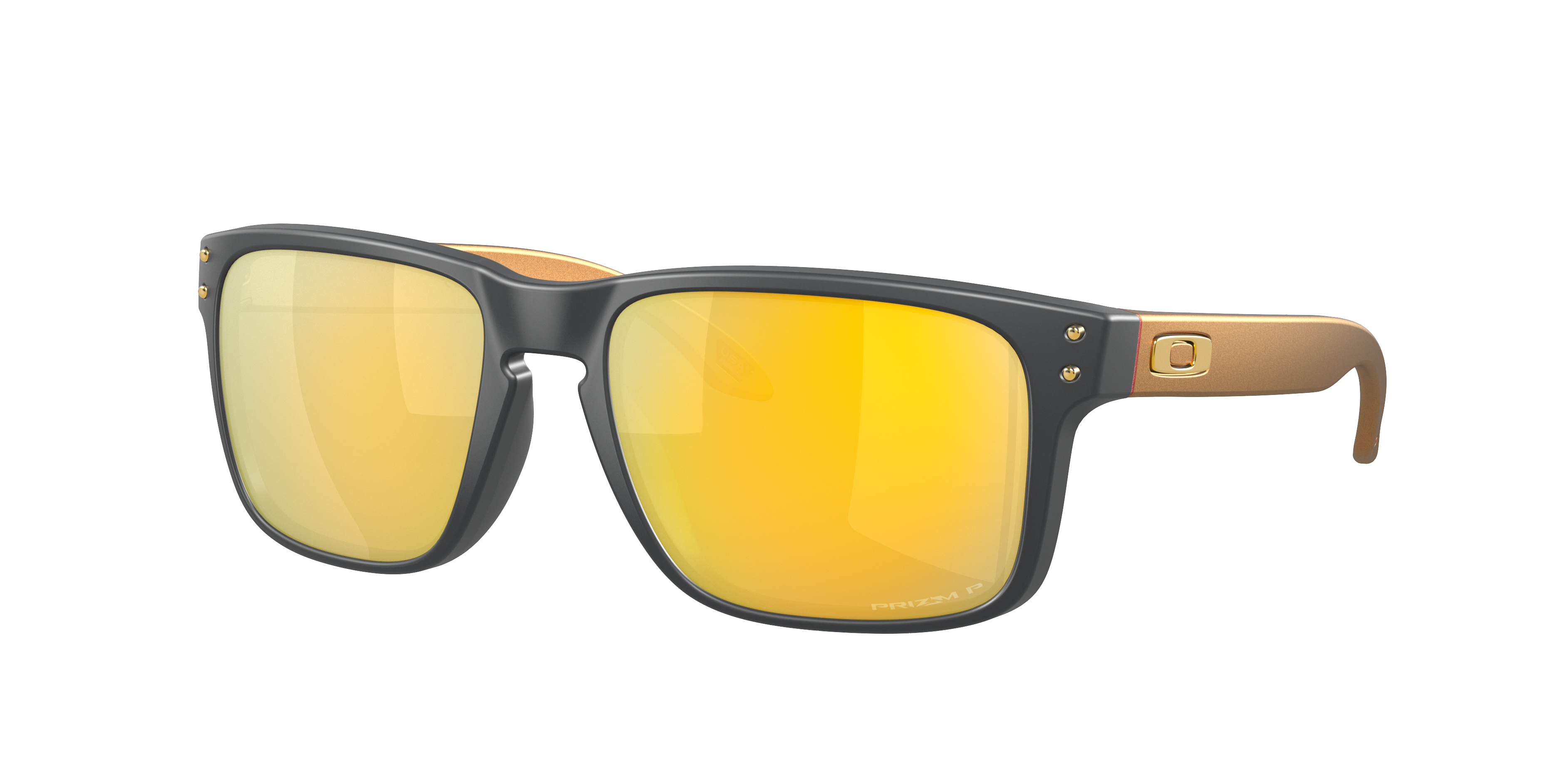 Oakley Holbrook OO9102 in Matte Carbon / Prizm 24K Polarized, three-quarter view #Colour_Matte Carbon / Prizm 24K Polarized