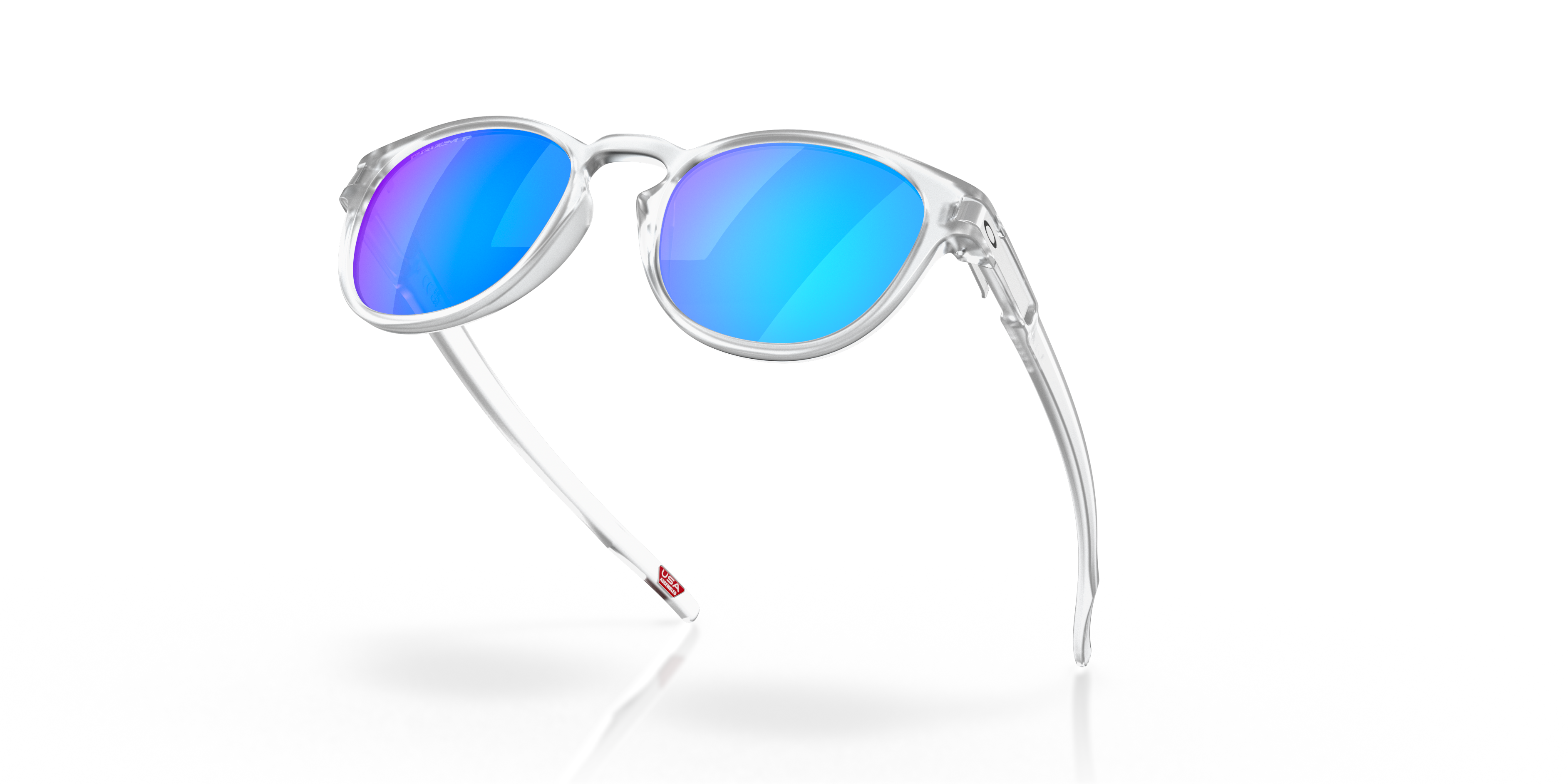 Oakley Latch OO9265 in Matte Clear / Prizm Sapphire Polarized, angled view #Colour_Matte Clear / Prizm Sapphire Polarized
