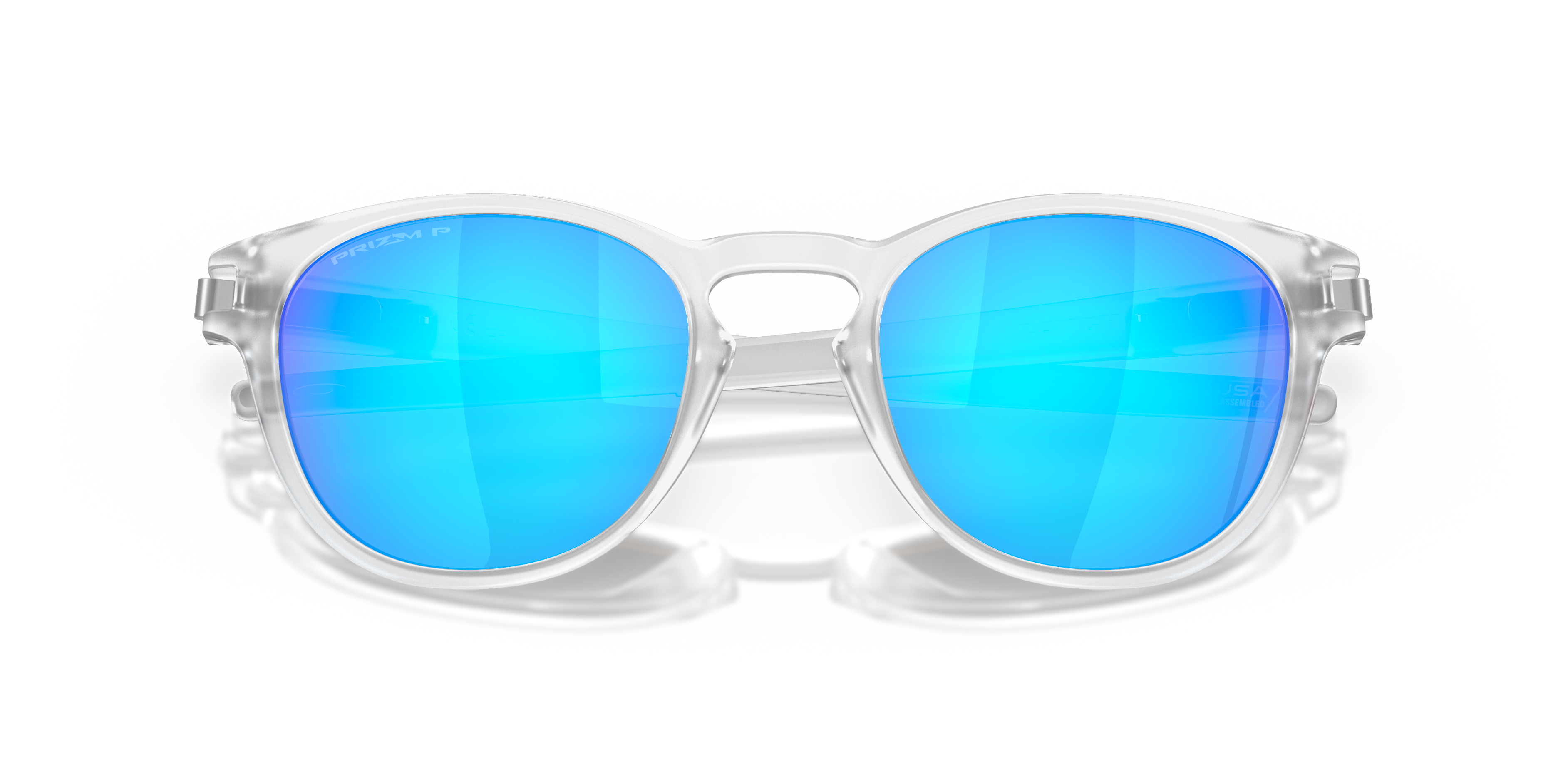 Oakley Latch OO9265 in Matte Clear / Prizm Sapphire Polarized, front detail view #Colour_Matte Clear / Prizm Sapphire Polarized