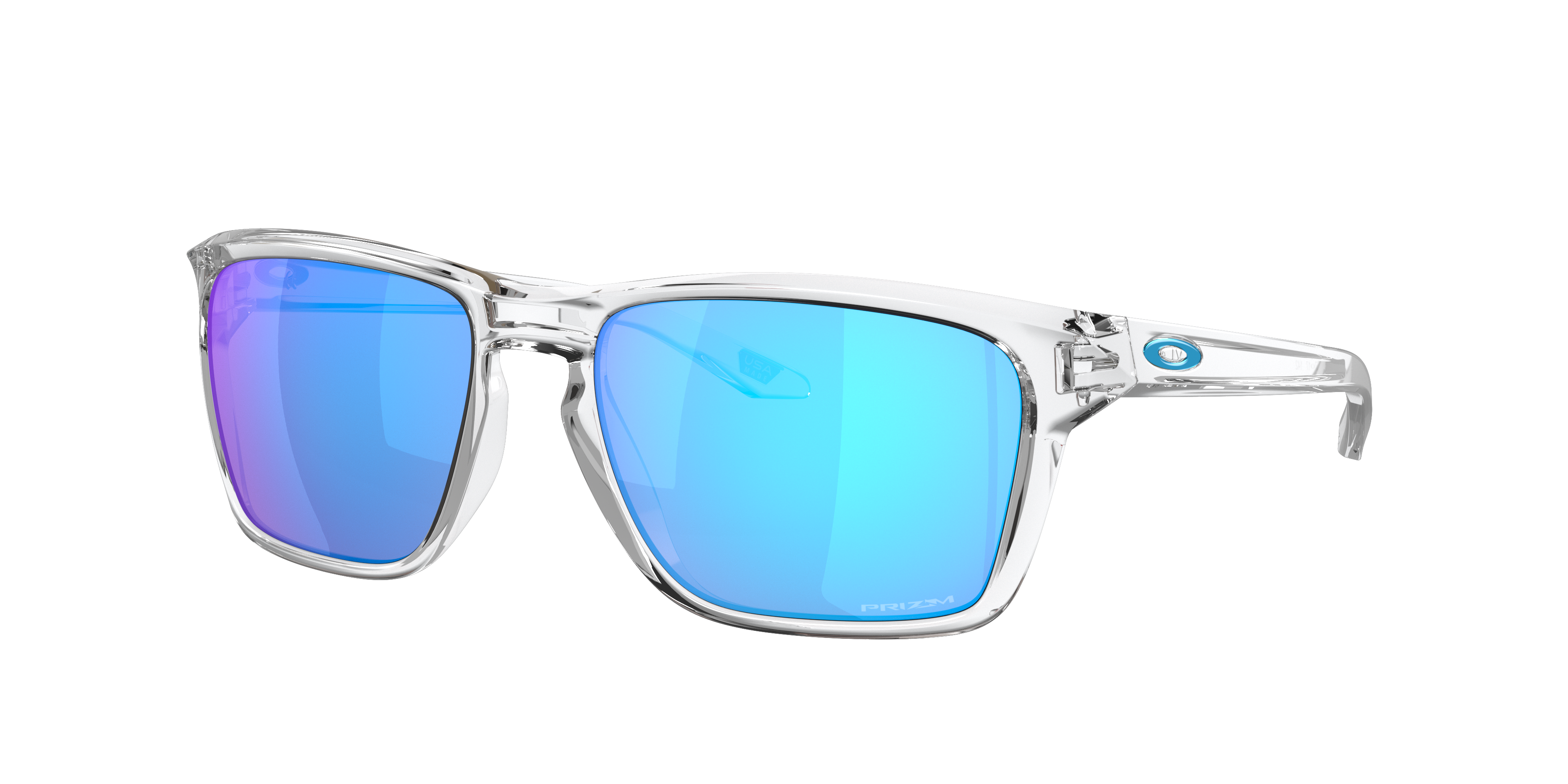 Oakley Sylas OO9448 in Polished Clear / Prizm Sapphire, three-quarter view #Colour_Polished Clear / Prizm Sapphire