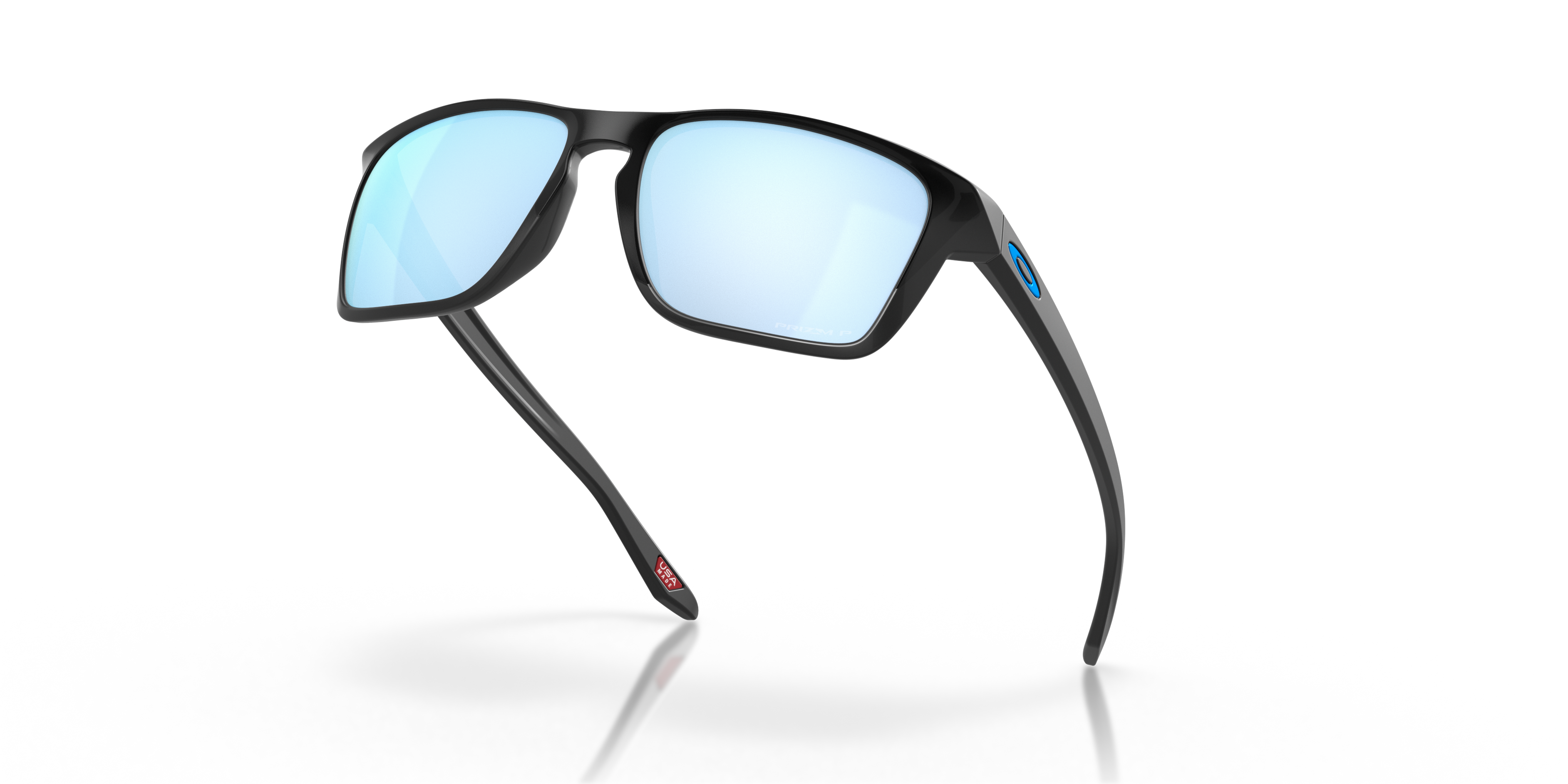 Oakley Sylas OO9448 in Matte Black / Prizm Deep Water Polarized, angled view #Colour_Matte Black / Prizm Deep Water Polarized
