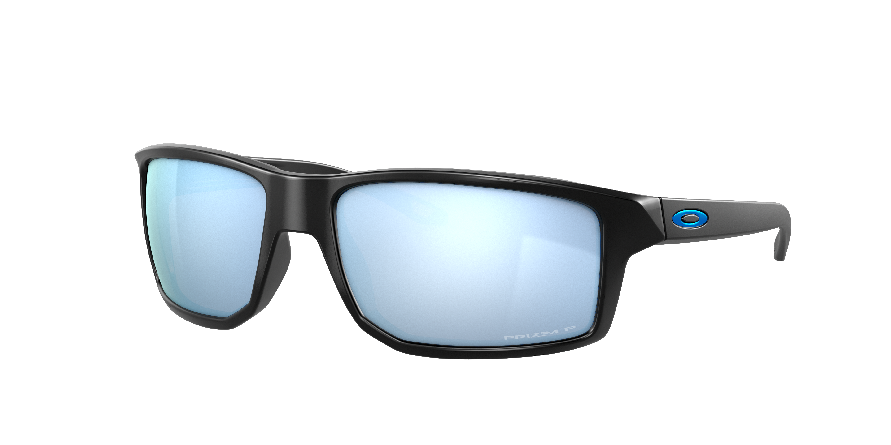 Oakley Gibston OO9449 in Matte Black / Prizm Deep Water Polarized, three-quarter view #Colour_Matte Black / Prizm Deep Water Polarized