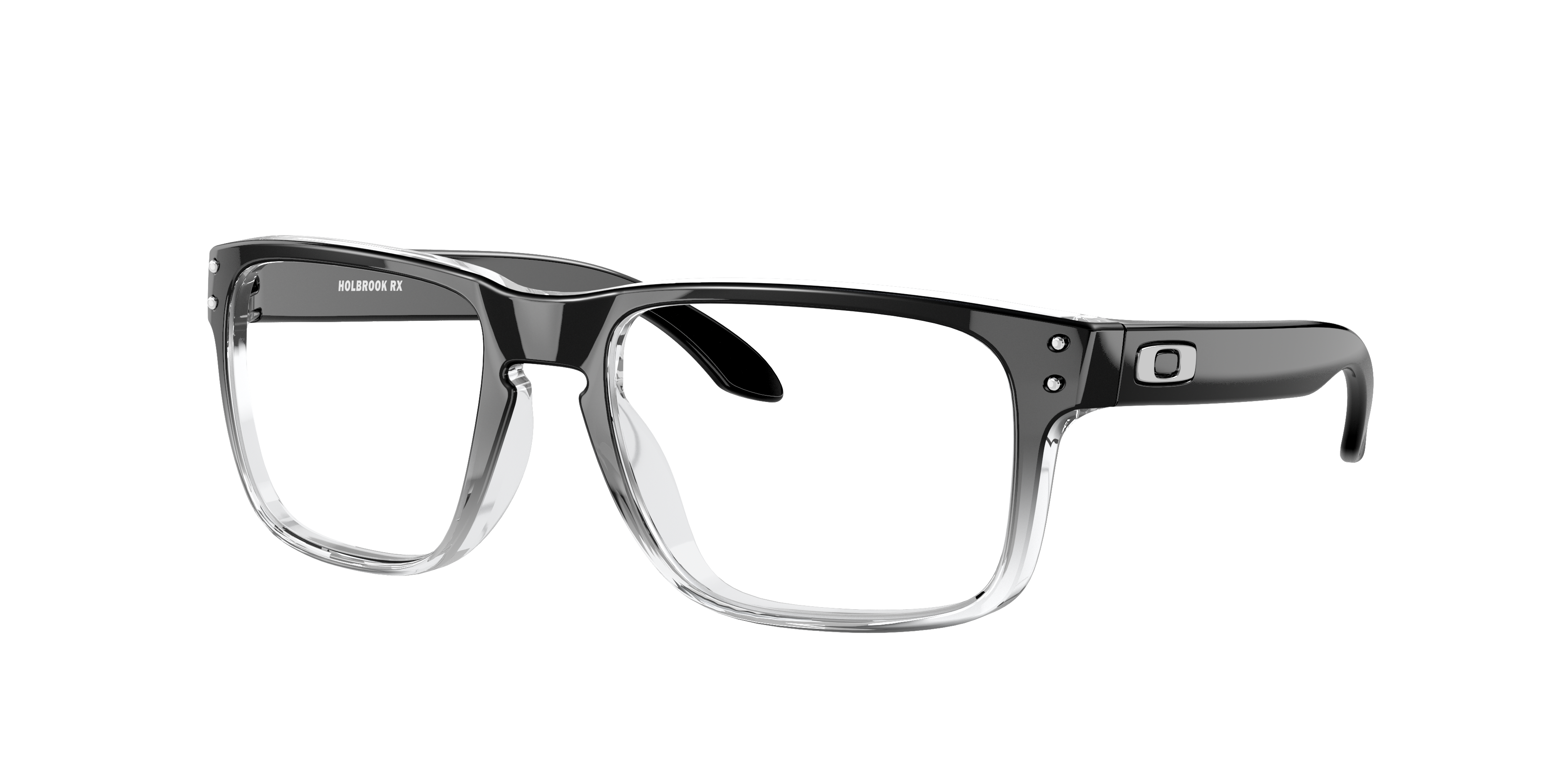 Oakley Holbrook RX OX8156 in Polished Black Clear Fade, three-quarter view #Colour_Polished Black Clear Fade