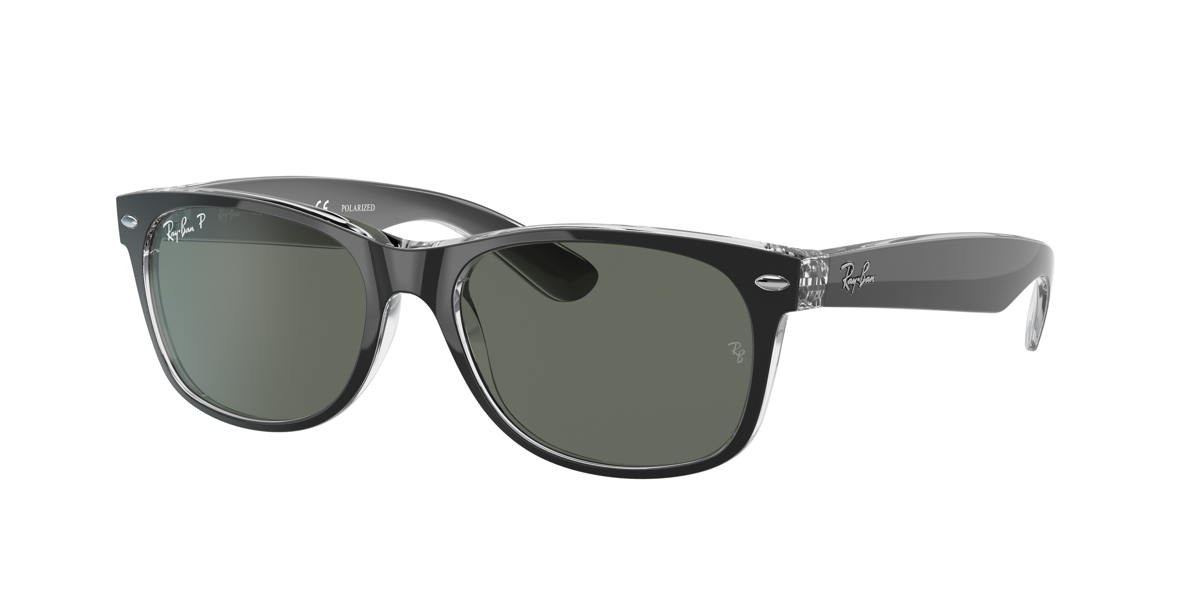 Ray-Ban New Wayfarer RB2132 in Black On Transparent (605258), three-quarter view #Colour_Black On Transparent (605258)