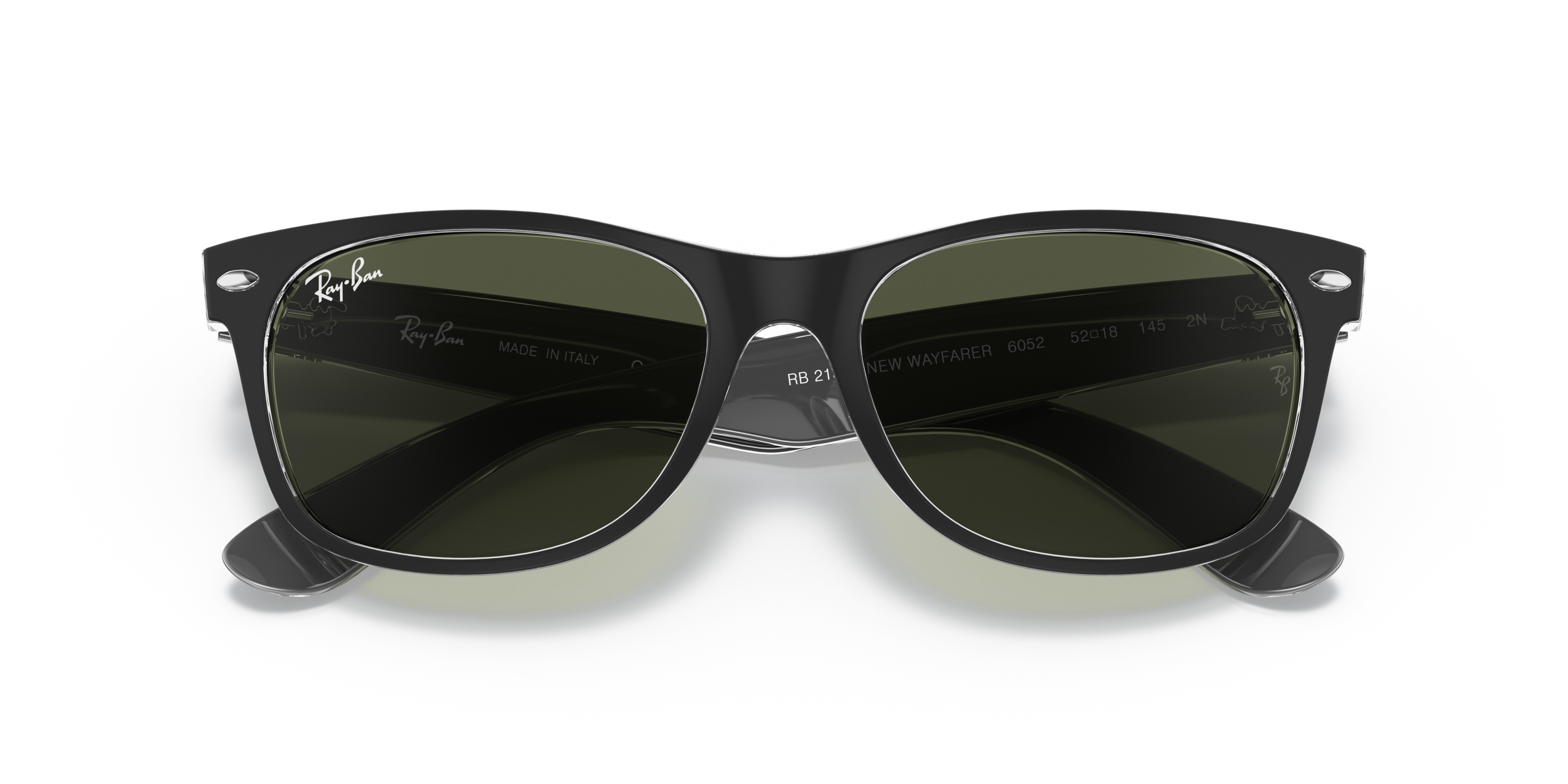 Ray-Ban New Wayfarer RB2132 in Black On Transparent (6052), front detail view #Colour_Black On Transparent (6052)