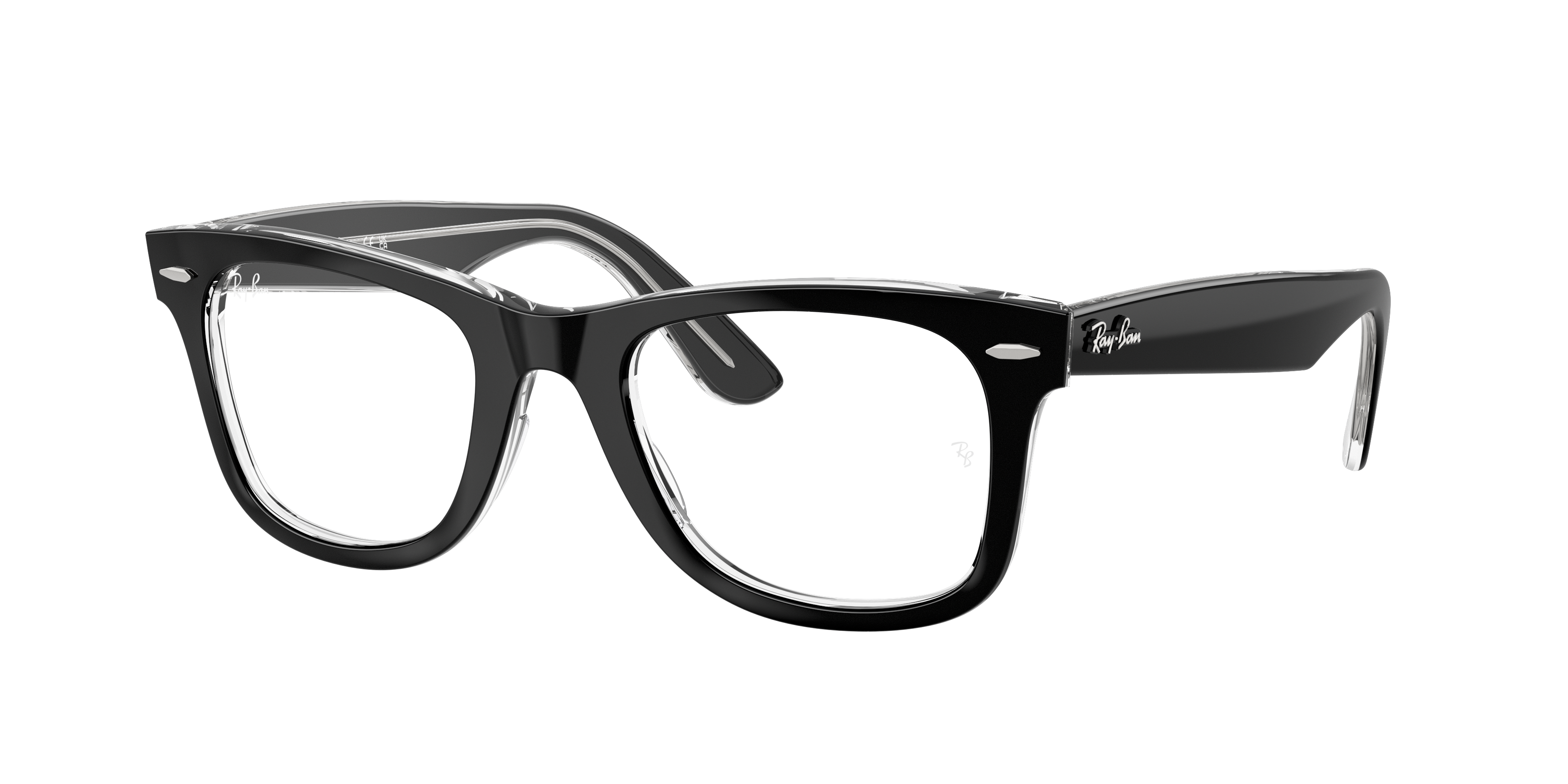 Ray-Ban Wayfarer Ease RX4340V in Black On Transparent, three-quarter view #Colour_Black On Transparent