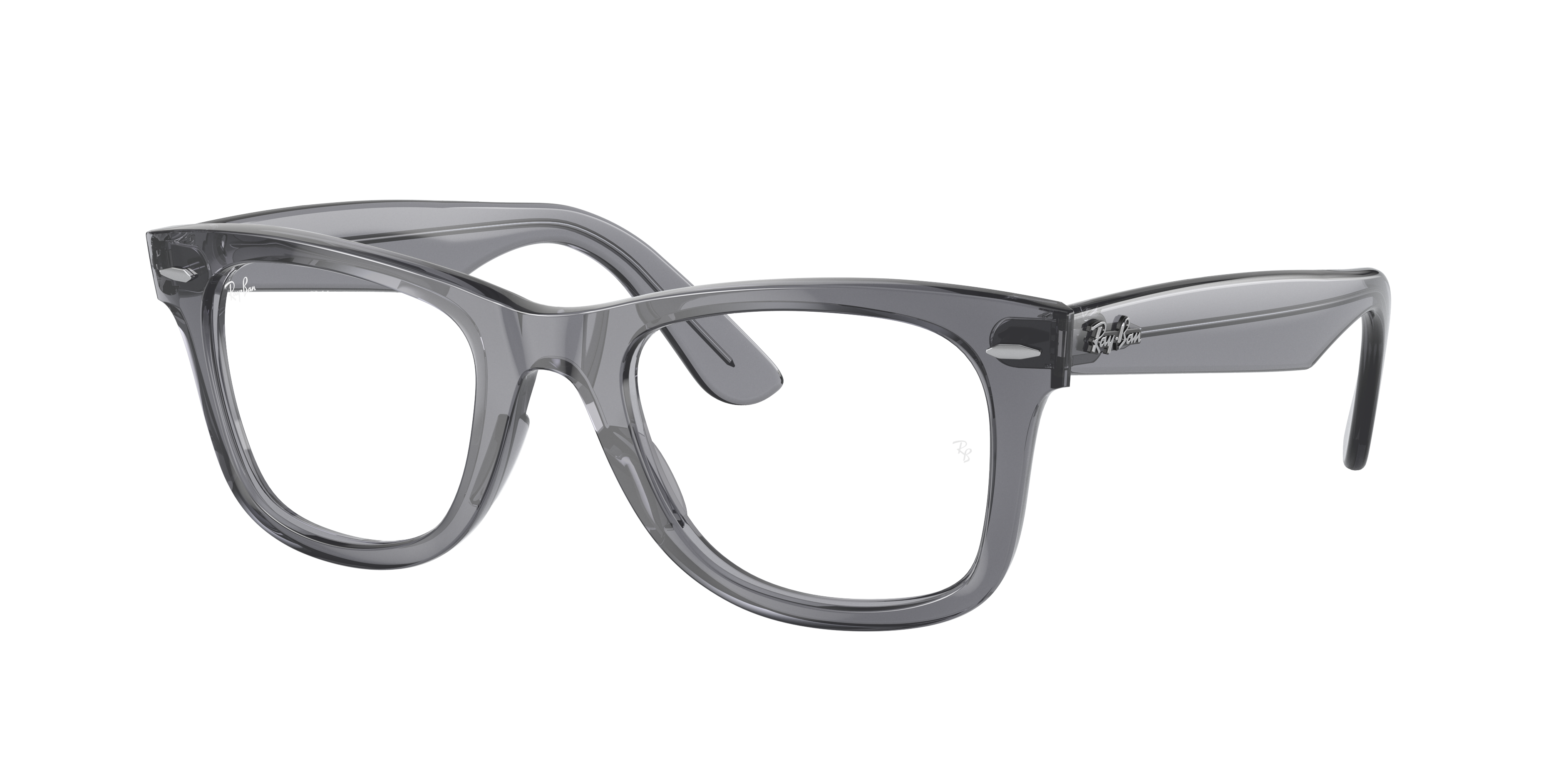Ray-Ban Wayfarer Ease RX4340V in Transparent Grey, three-quarter view #Colour_Transparent Grey