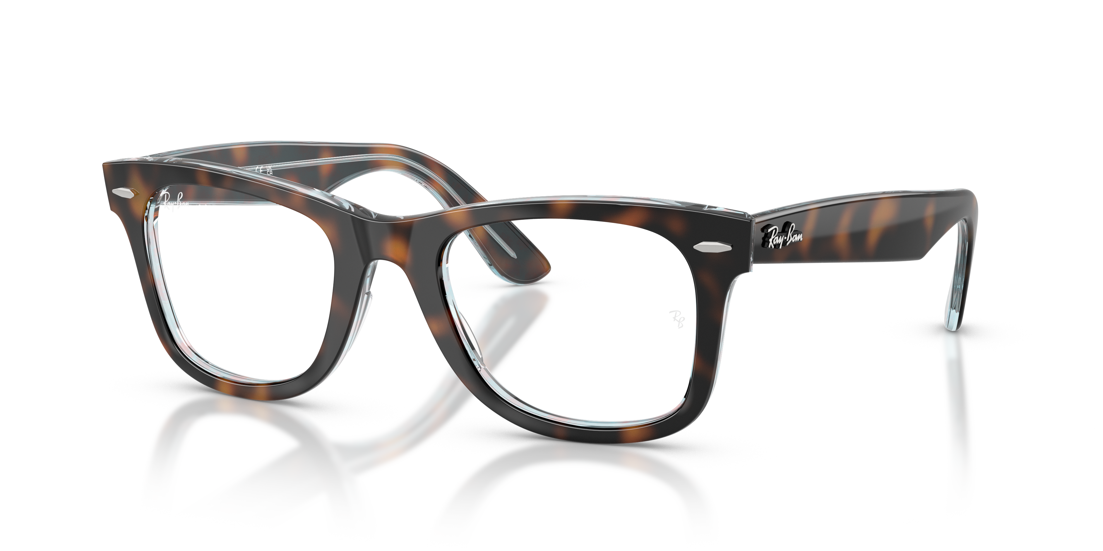 Ray-Ban Wayfarer Ease RX4340V in Dark Havana On Multicolour, three-quarter view #Colour_Dark Havana On Multicolour
