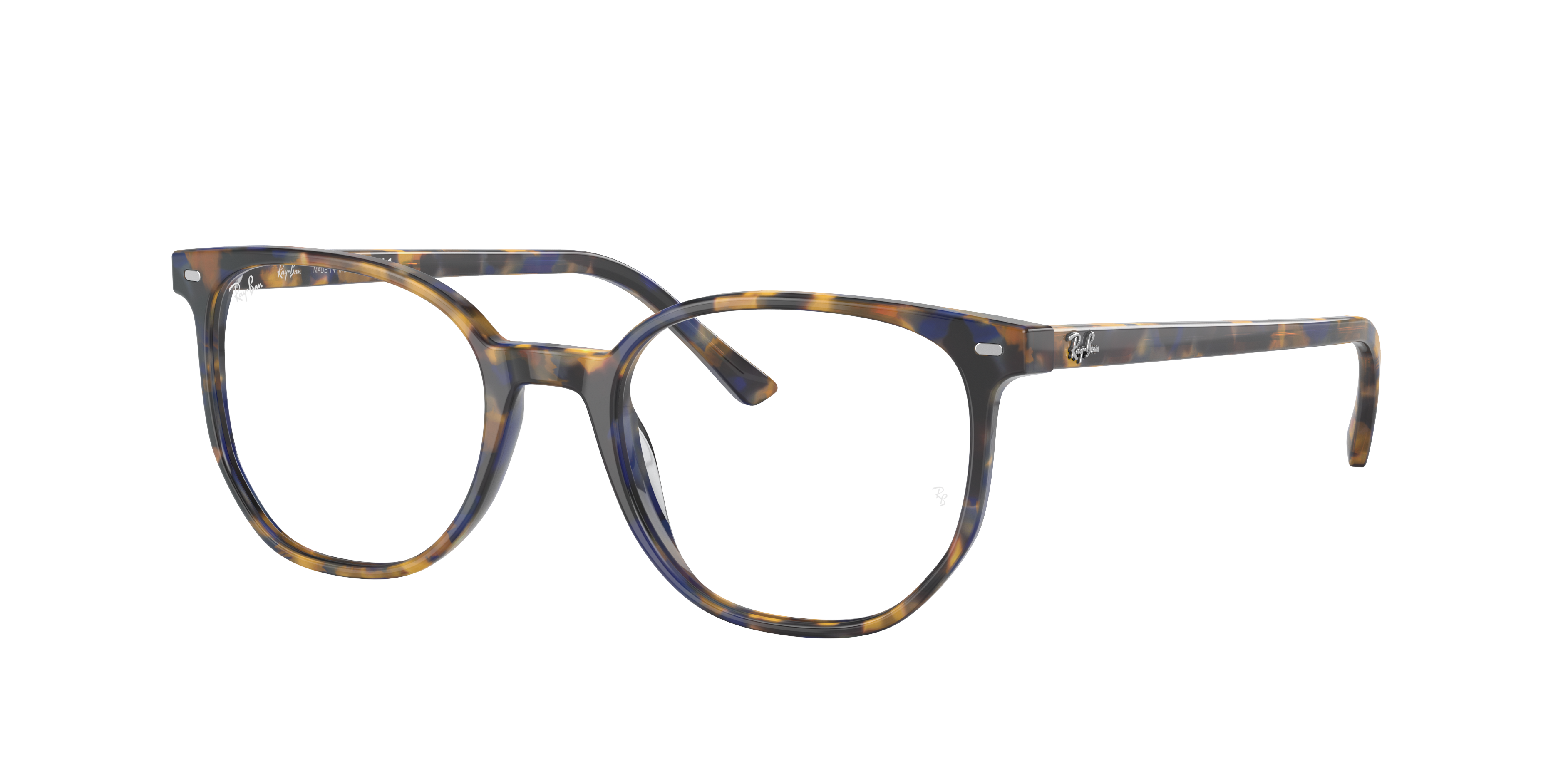 Ray-Ban Elliot RX5397 in Yellow & Blue Havana, three-quarter view #Colour_Yellow & Blue Havana