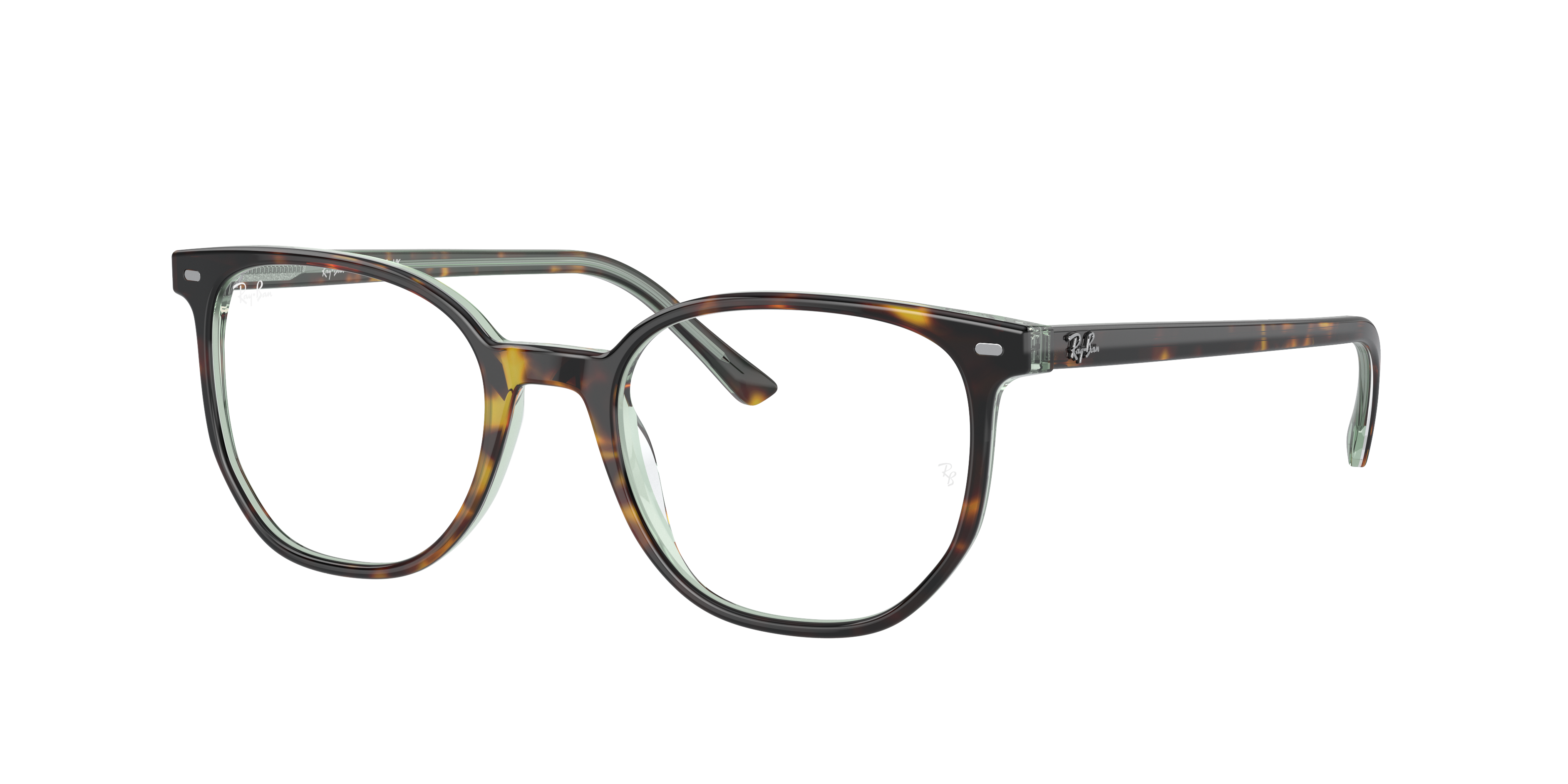Ray-Ban Elliot RX5397 in Havana On Transparent Green, three-quarter view #Colour_Havana On Transparent Green