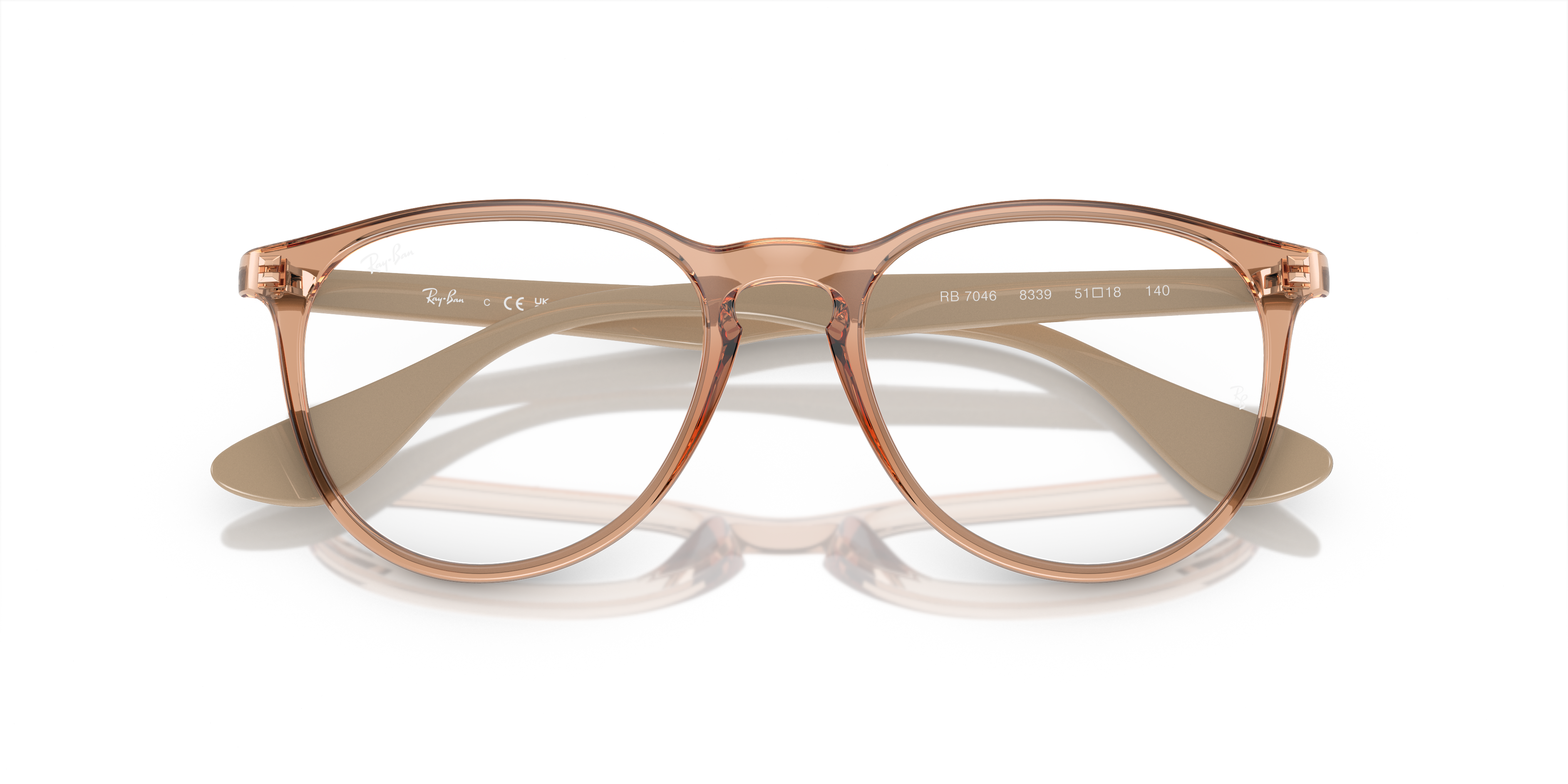 Ray-Ban Erika RX7046 in Transparent Brown, front detail view #Colour_Transparent Brown