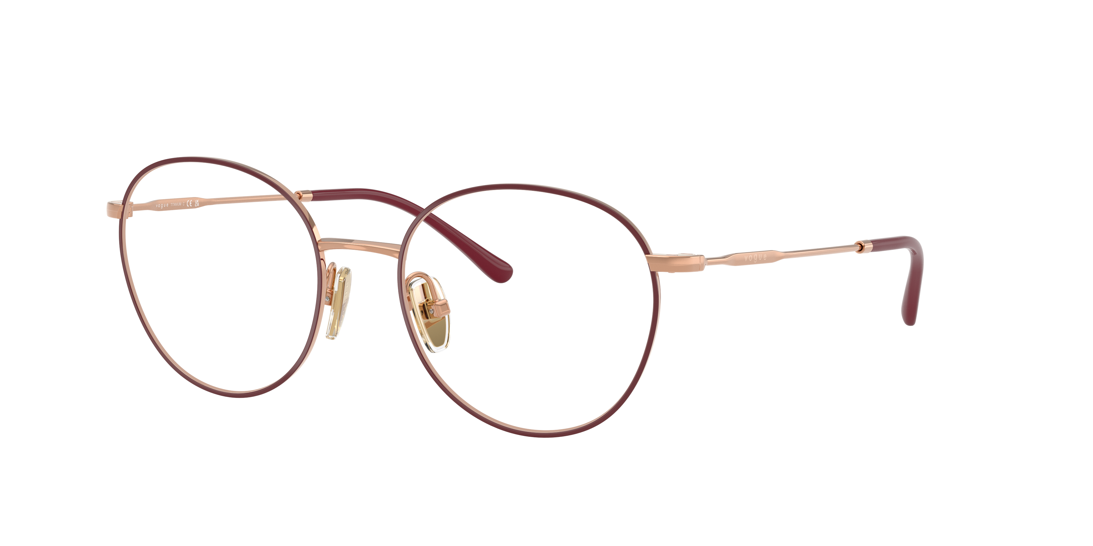 Vogue Eyewear VO4280T in Top Bordeaux/Rose Gold, three-quarter view #Colour_Top Bordeaux/Rose Gold