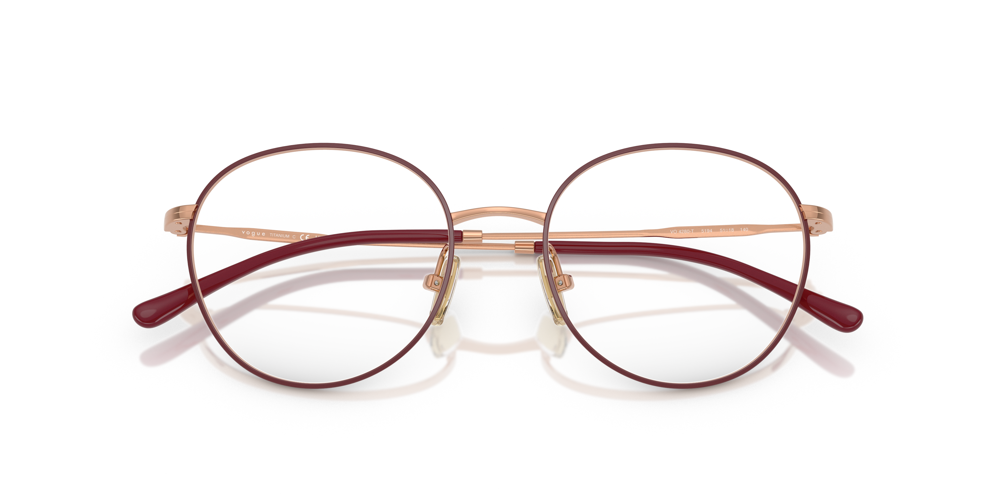Vogue Eyewear VO4280T in Top Bordeaux/Rose Gold, front detail view #Colour_Top Bordeaux/Rose Gold