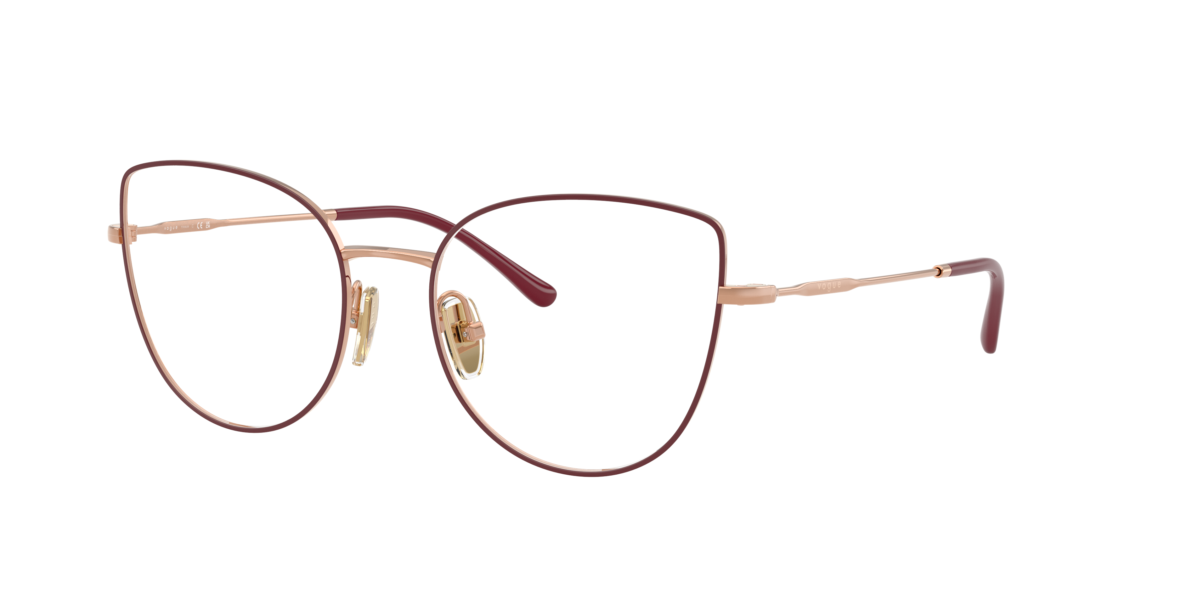 Vogue Eyewear VO4298T in Top Bordeaux/Rose Gold, three-quarter view #Colour_Top Bordeaux/Rose Gold